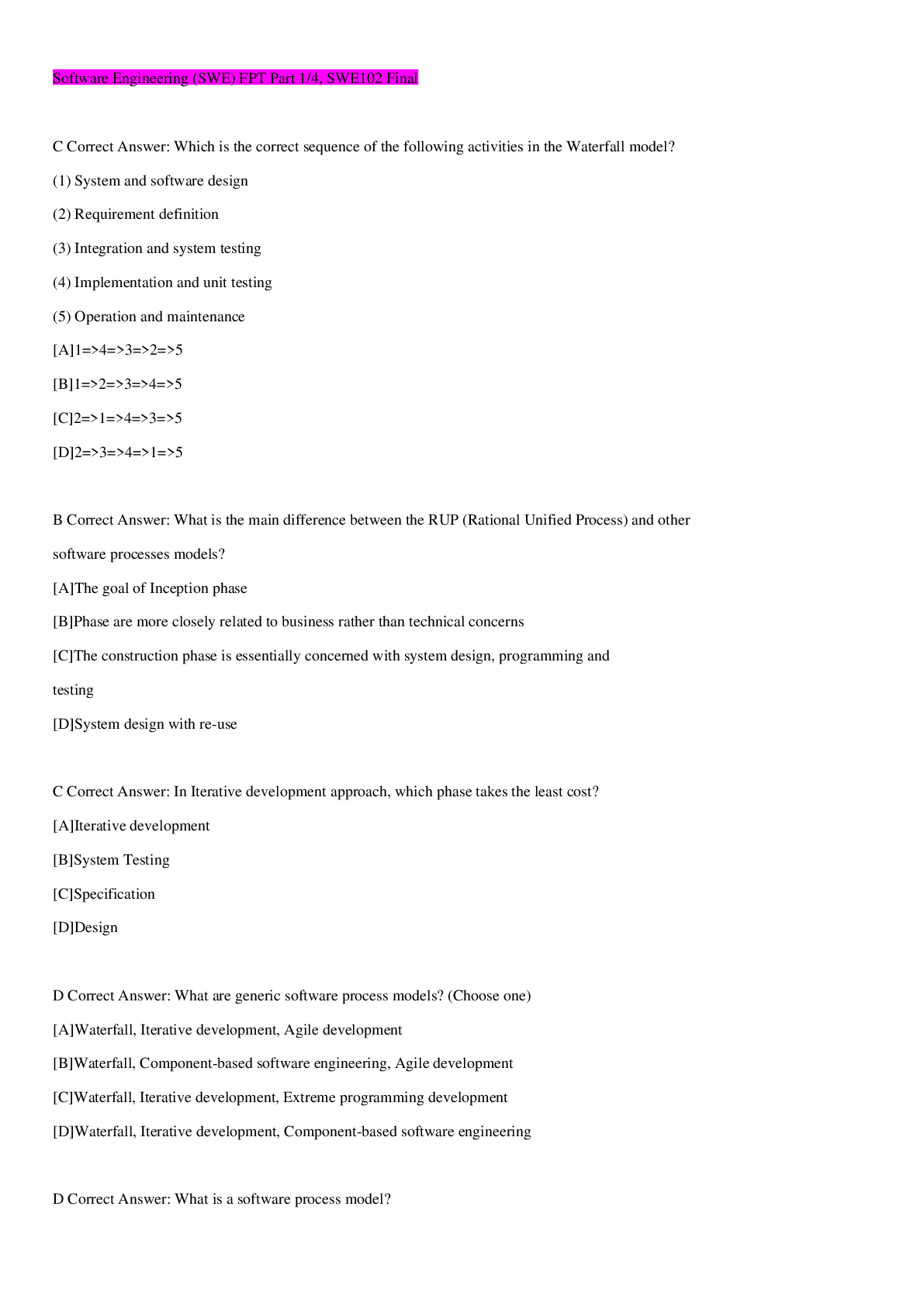 Preview image for Software Engineering (SWE) FPT Part 1/4, SWE102 Final