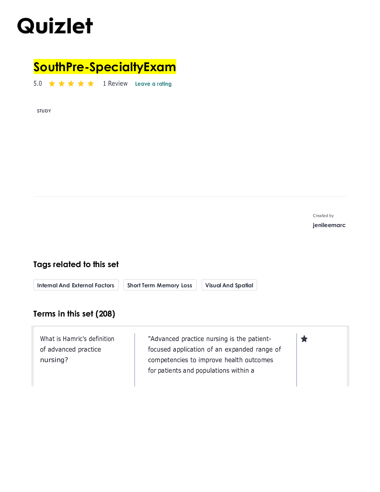 Preview image of SouthPre-SpecialtyExam Flashcards _ Quizlet document