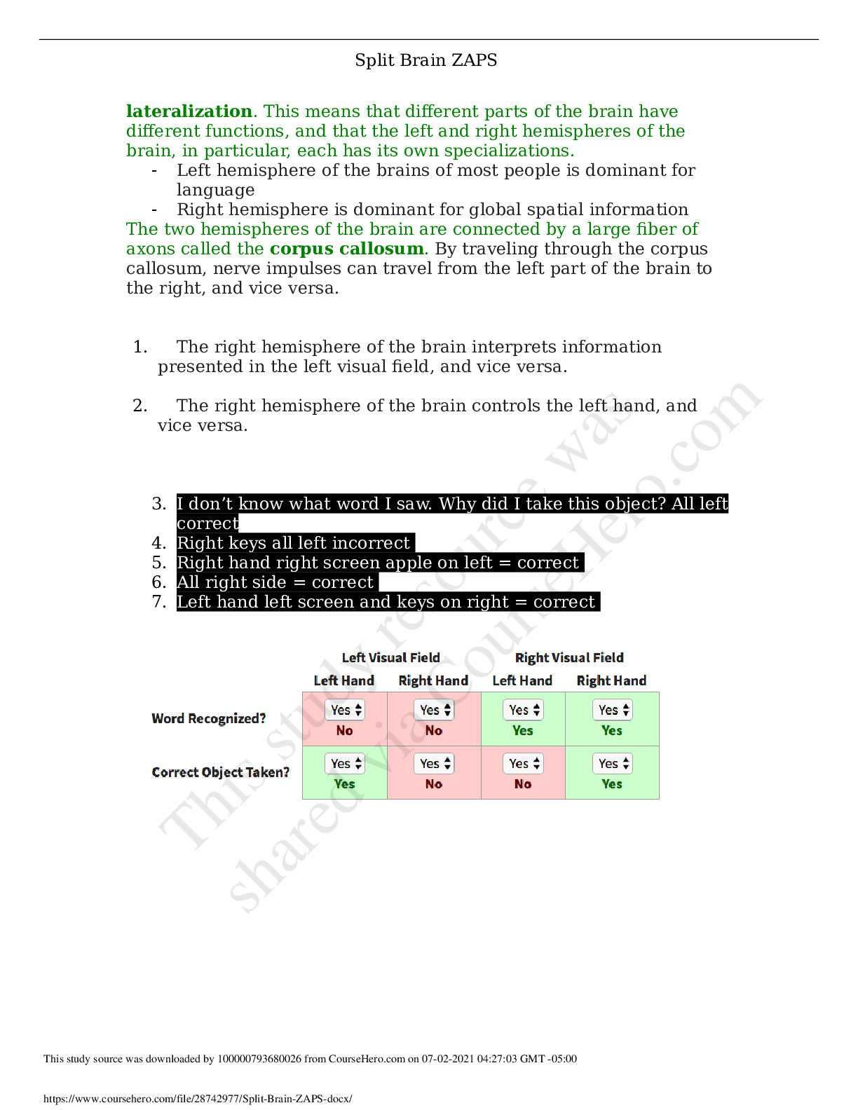 Preview of California State University, FullertonPSYC 305Split Brain ZAPS