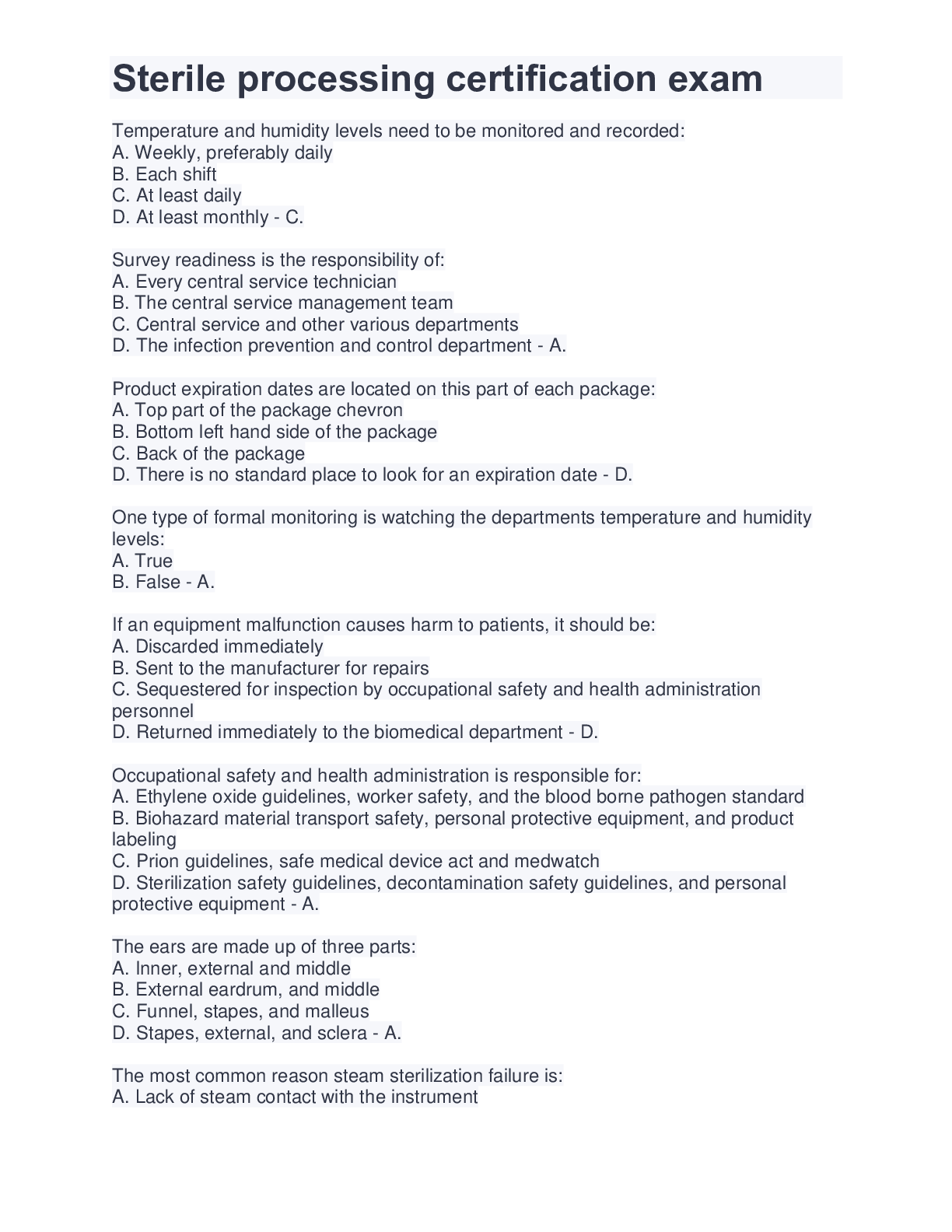 Sterile processing certification exam Scholarfriends