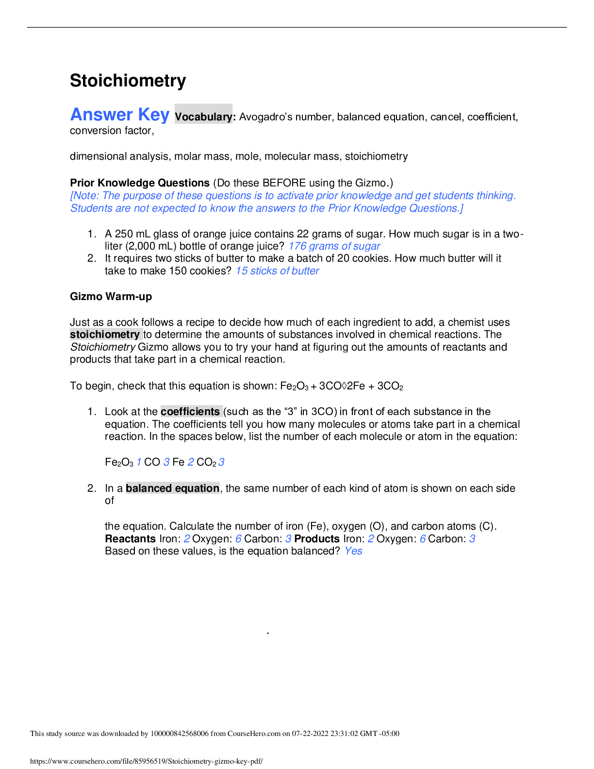 Preview image of Stoichiometry gizmo key document