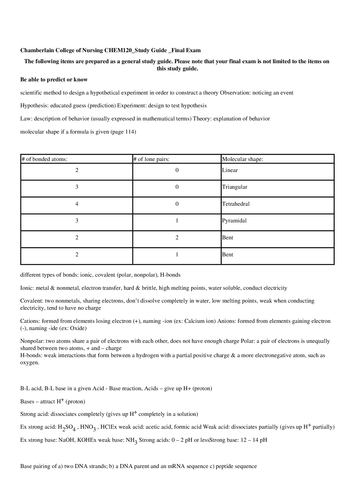 CHEM 120/CHEM 120 Study Guide Final Exam Chamberlain College of Nursing ...