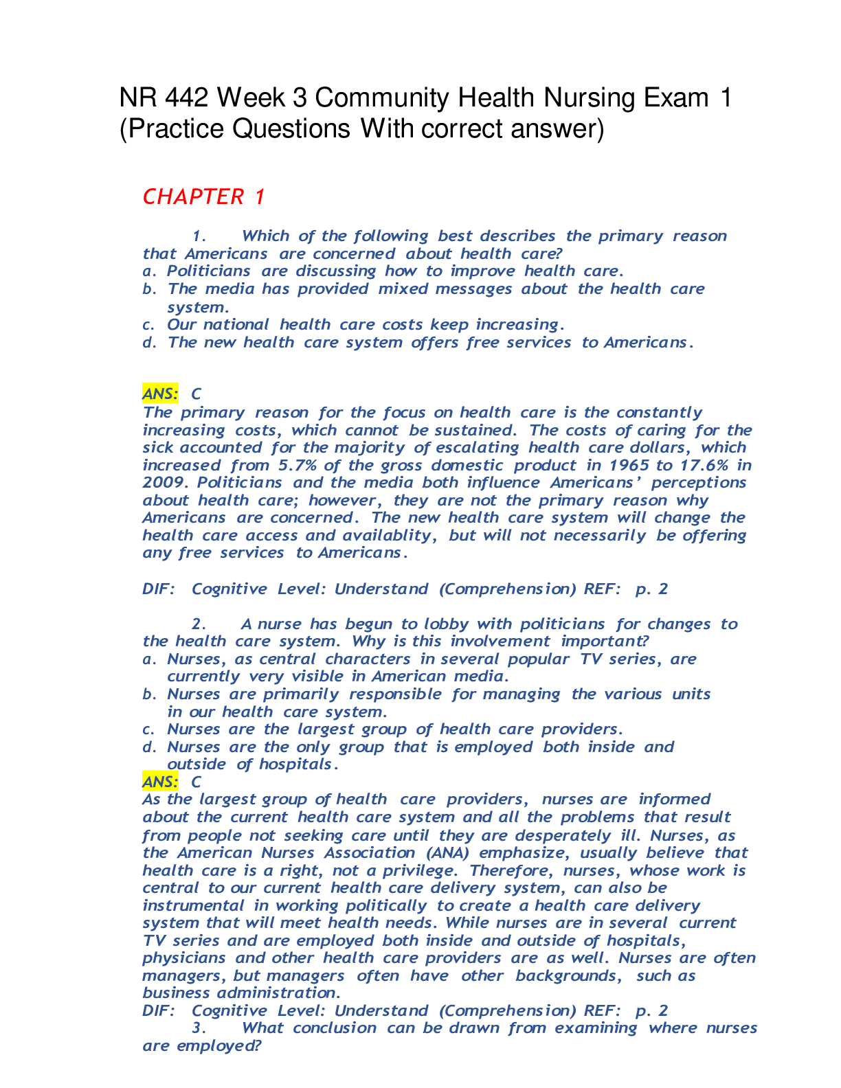 NR 442 Week 3 Community Health Nursing Exam 1 (complete A+ Guide 2022 ...
