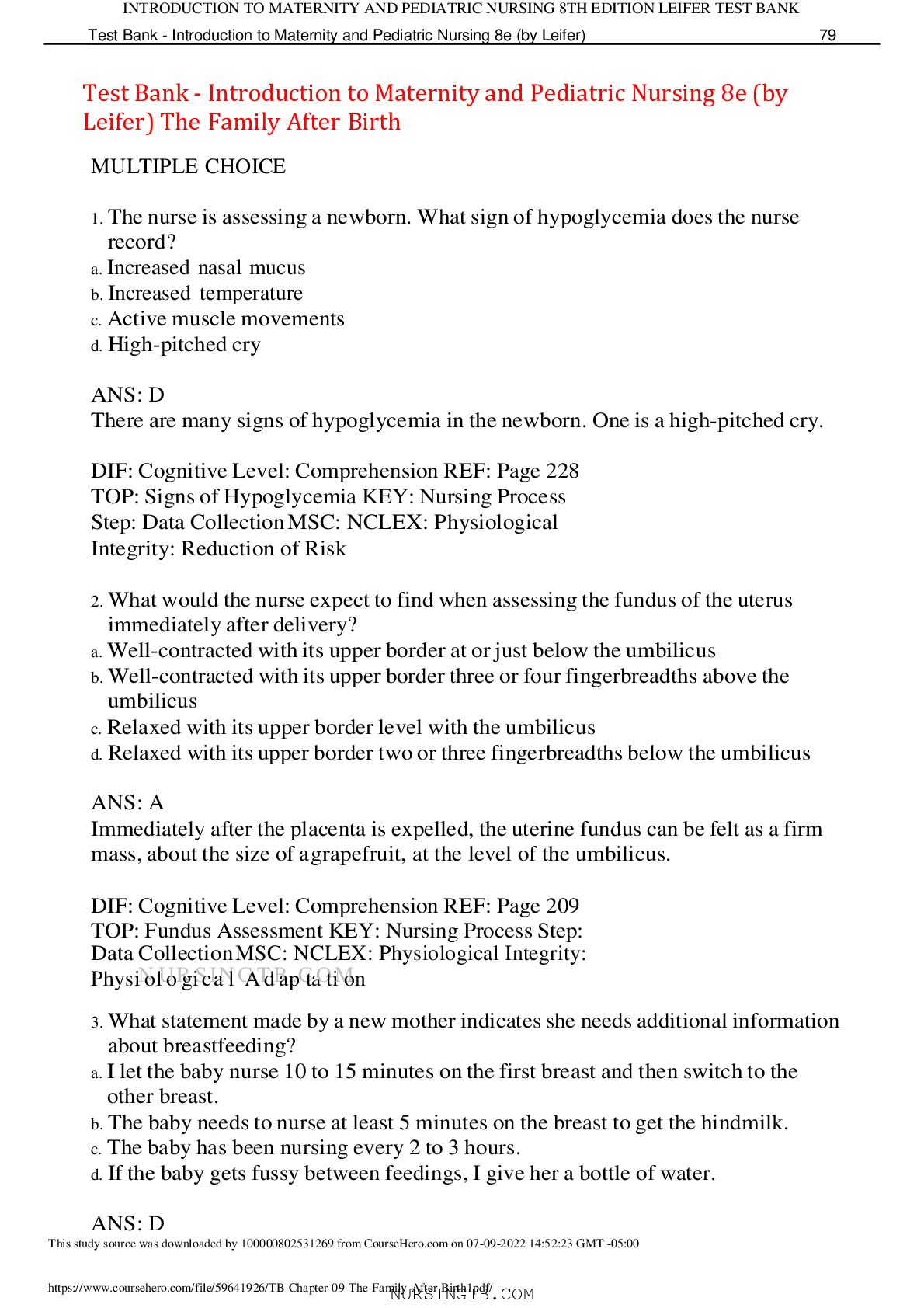 Preview image for Test Bank - Introduction to Maternity and Pediatric Nursing 8e (by Leifer) The Family After Birth,100% CORRECT