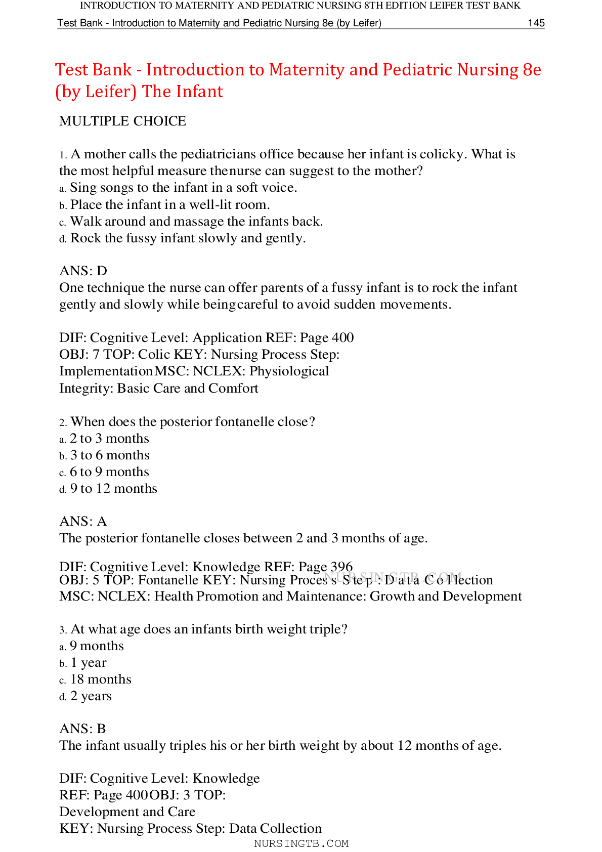 Preview image for Test Bank - Introduction to Maternity and Pediatric Nursing 8e (by Leifer) The Infant,100% CORRECT