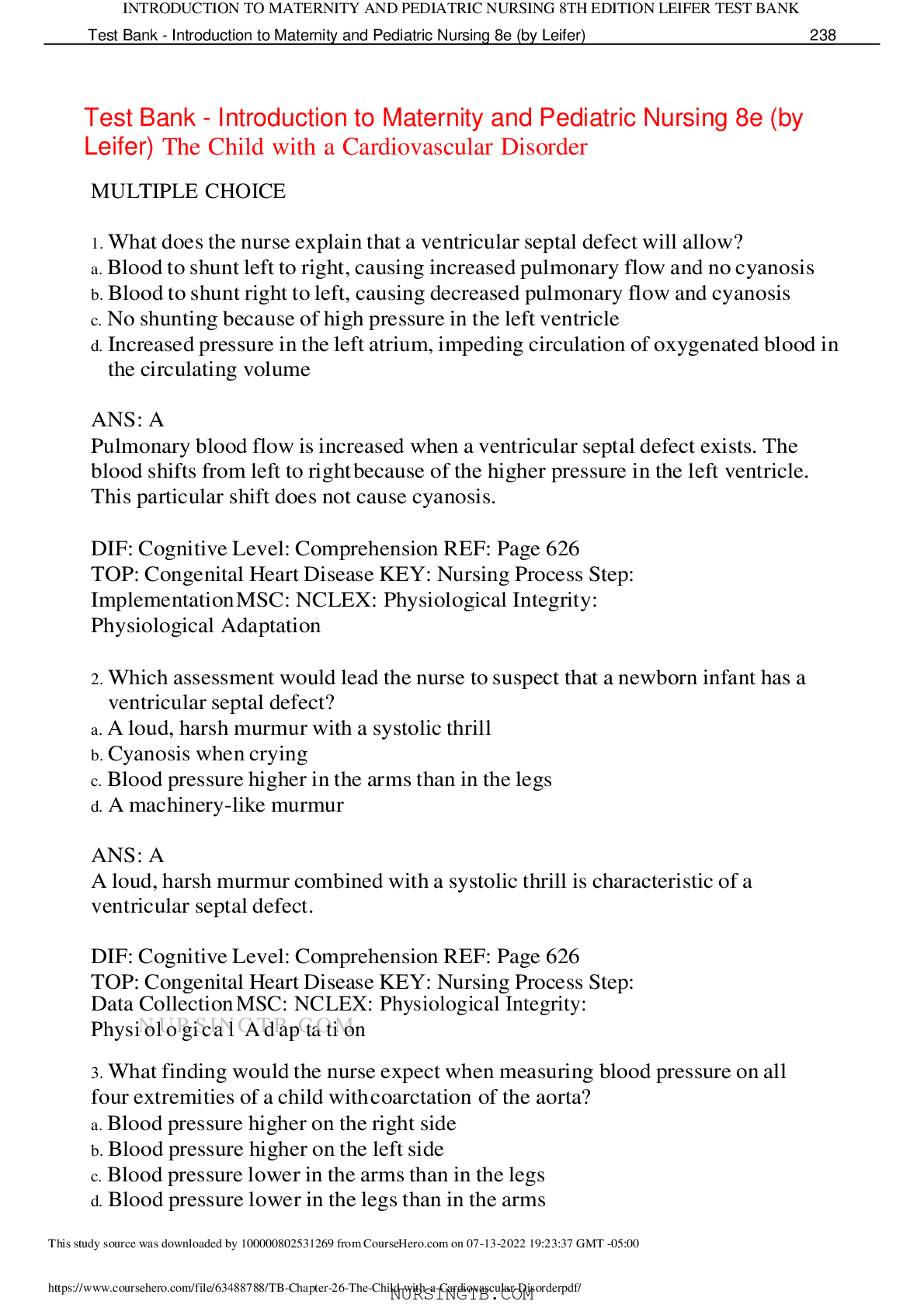 Preview image for Test Bank - Introduction to Maternity and Pediatric Nursing 8e (by Leifer) The Child with a Cardiovascular Disorder,100% CORRECT