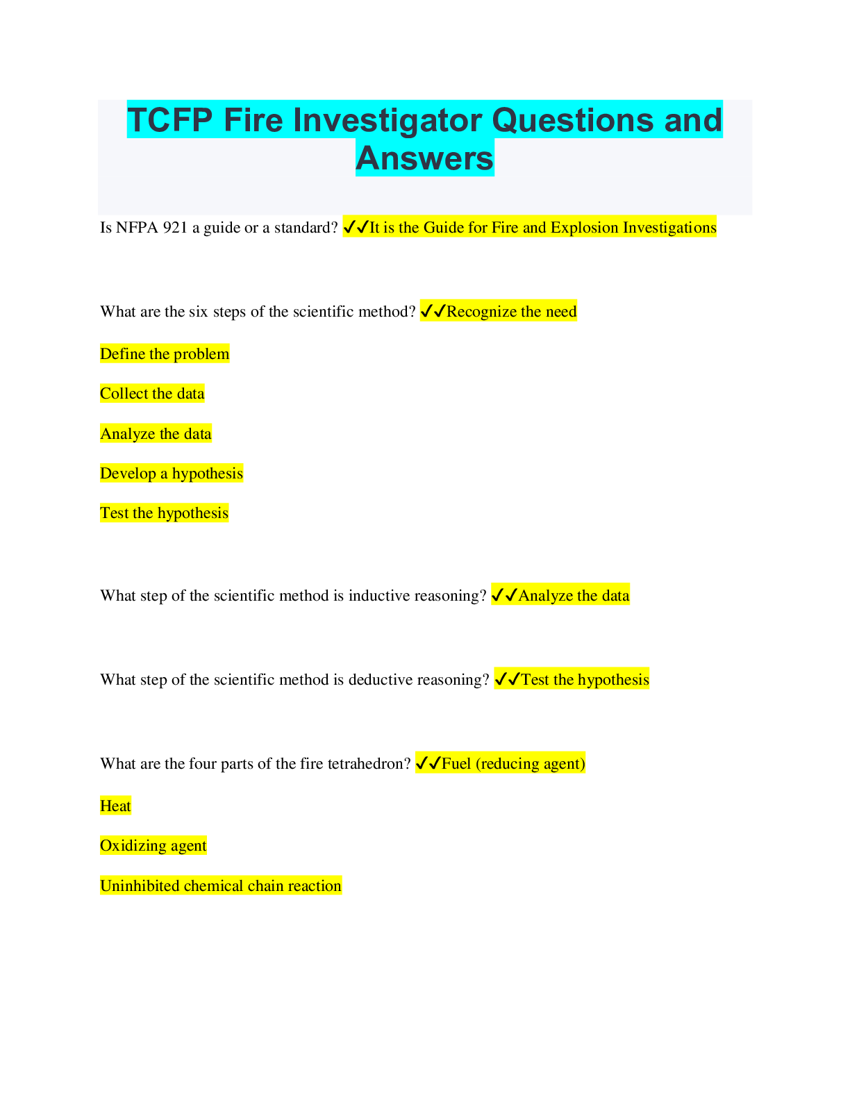 TCFP Fire Investigator Questions and Answers | ScholarFriends