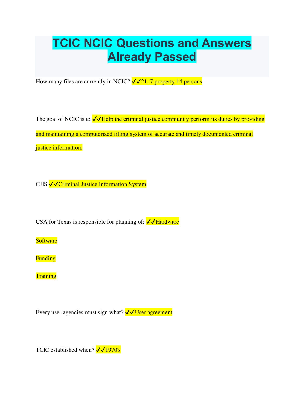 TCIC NCIC Questions and Answers Already Passed | ScholarFriends