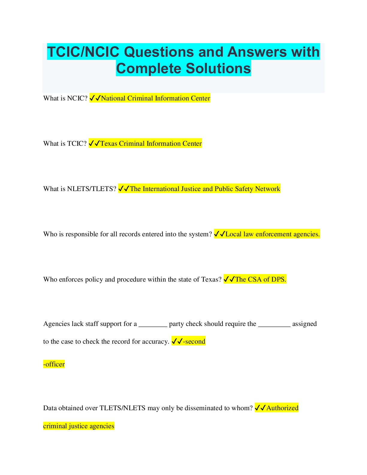 TCIC/NCIC Questions and Answers with Complete Solutions - Scholarfriends