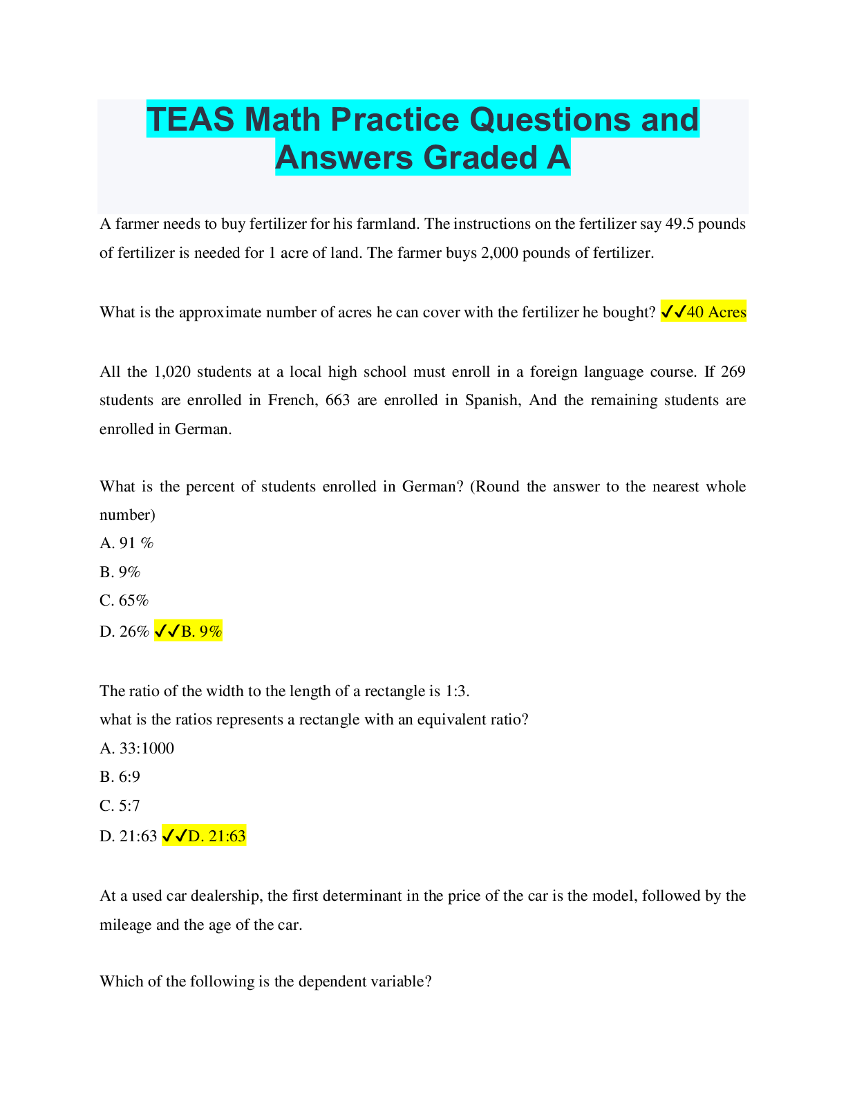 TEAS Math Practice Questions and Answers Graded A – Scholarfriends ...