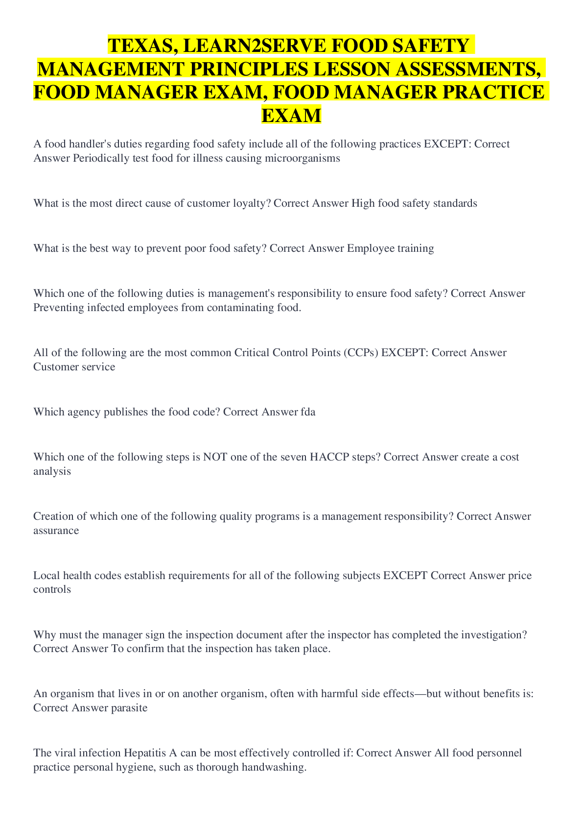 Preview image for TEXAS, LEARN2SERVE FOOD SAFETY MANAGEMENT PRINCIPLES LESSON ASSESSMENTS, FOOD MANAGER EXAM, FOOD MANAGER PRACTICE EXAM