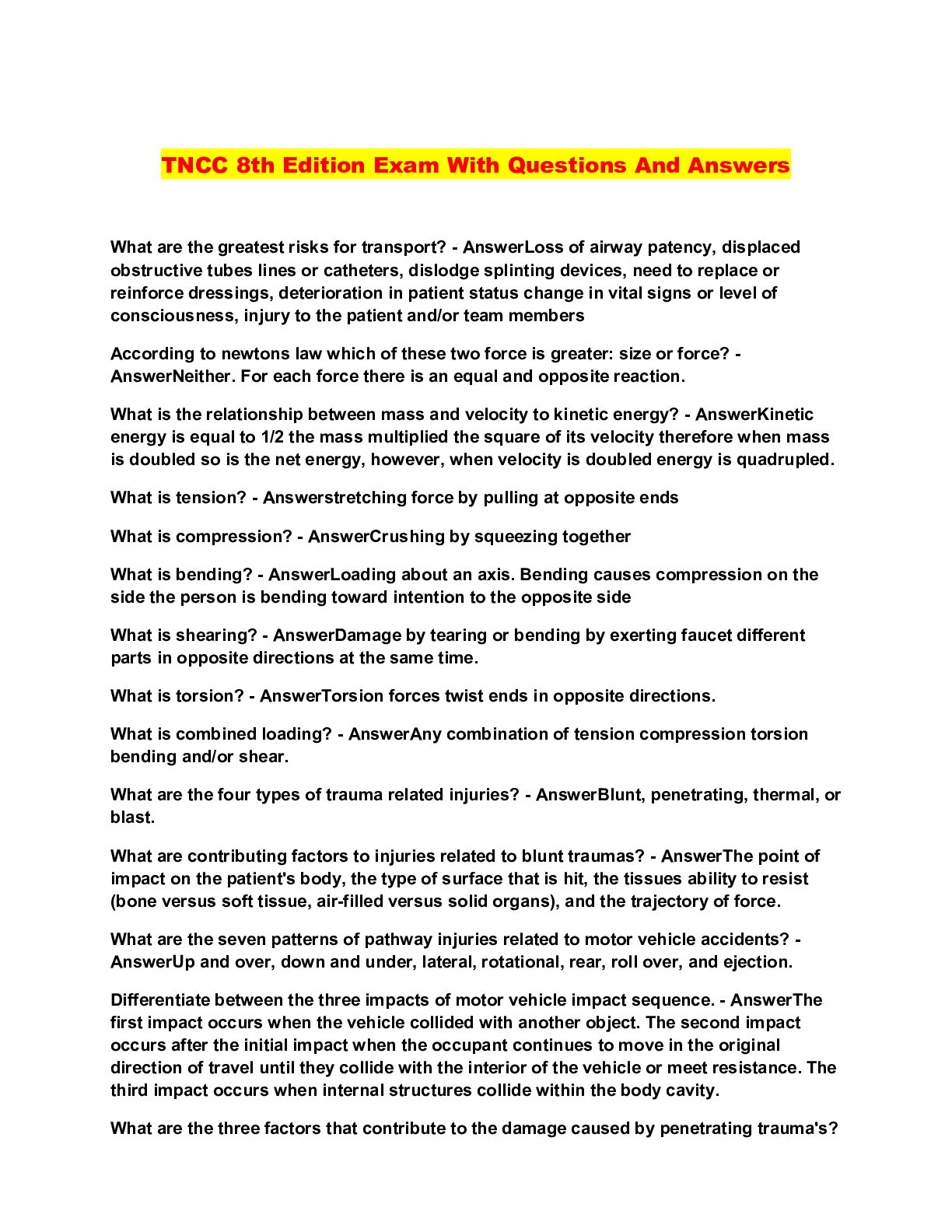 Tncc Questions TNCC 8th Edition Exam With Questions And Answers – Scholarfriends ...