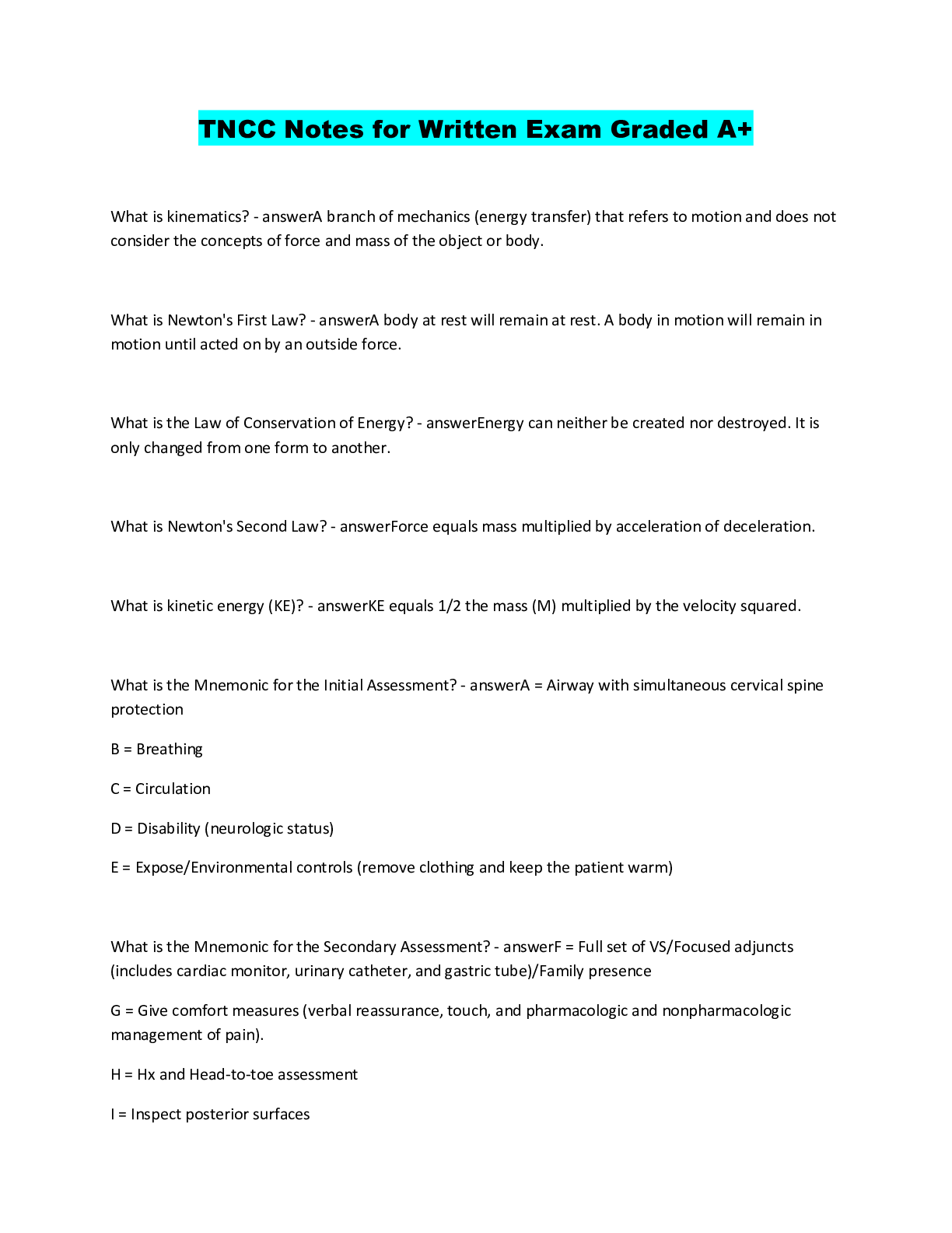 TNCC Notes for Written Exam Graded A+ – Scholarfriends - Scholarfriends