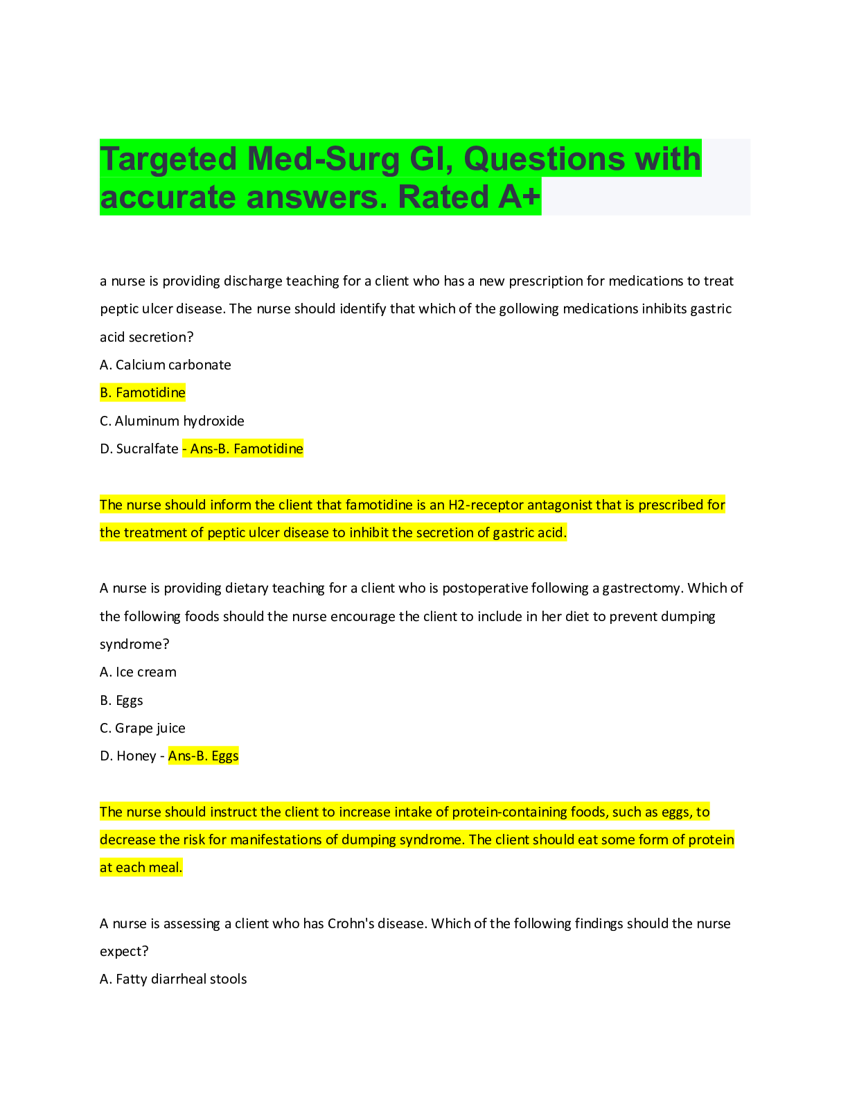 Targeted Med-Surg GI, Questions with accurate answers. Rated A+ ...