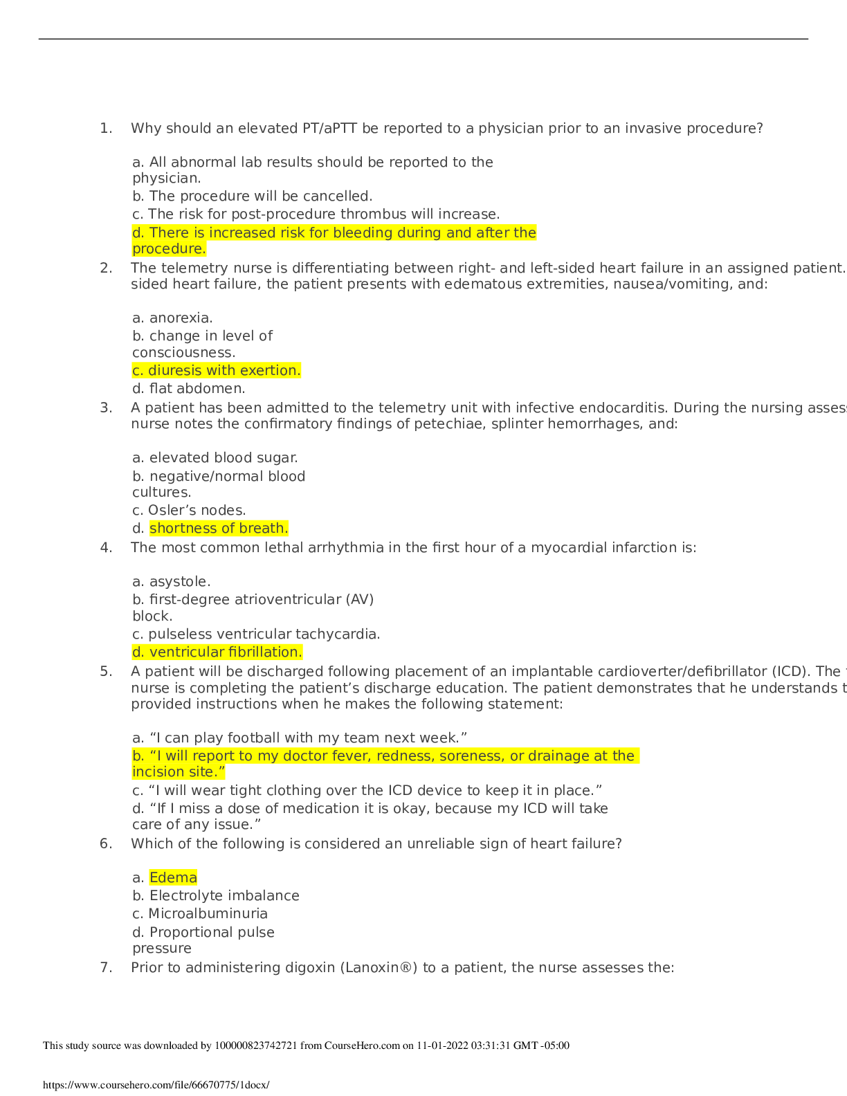 Preview of Prophecy medical surgical-telemetry answered Test 2022