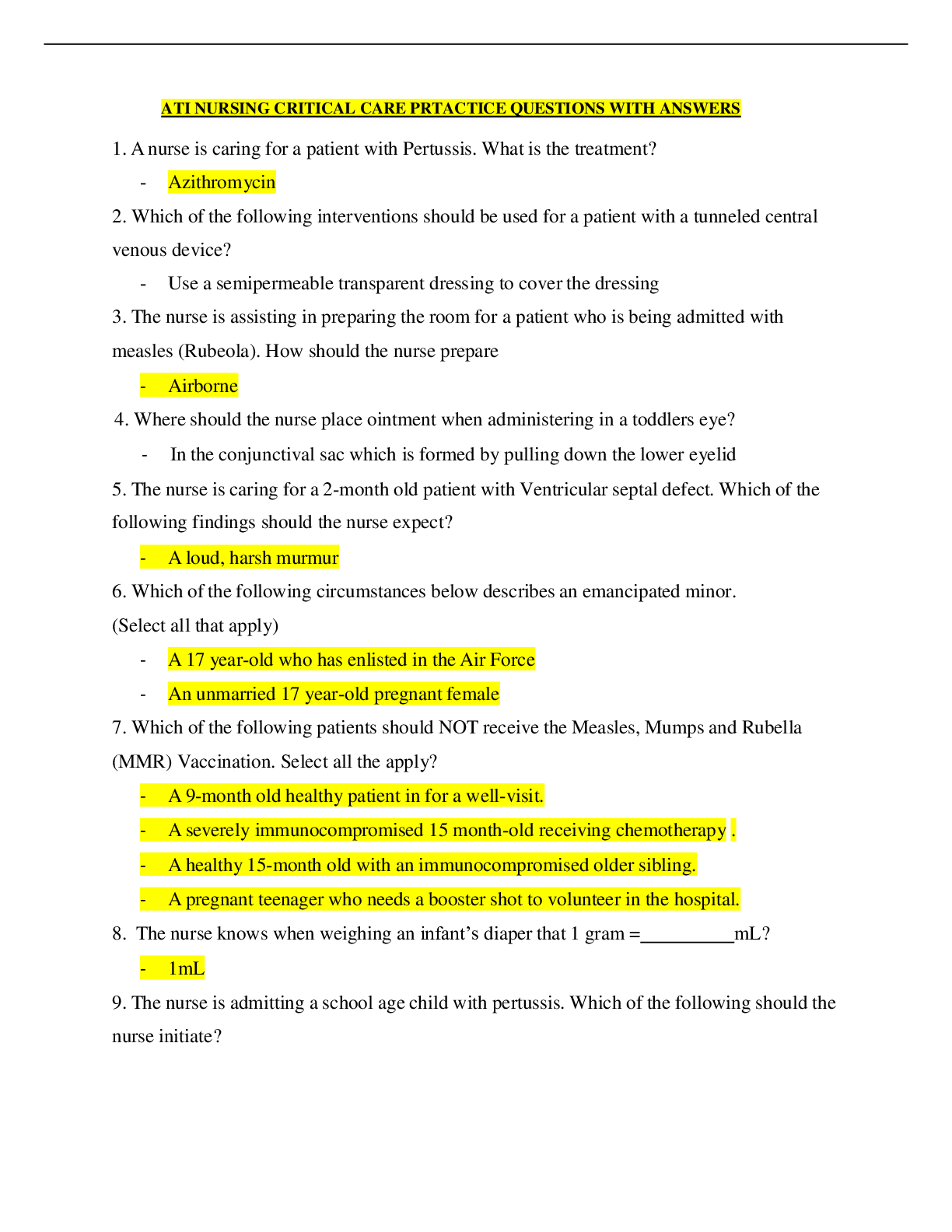 Preview image for ATI NURSING CRITICAL CARE PRTACTICE QUESTIONS WITH ANSWERS