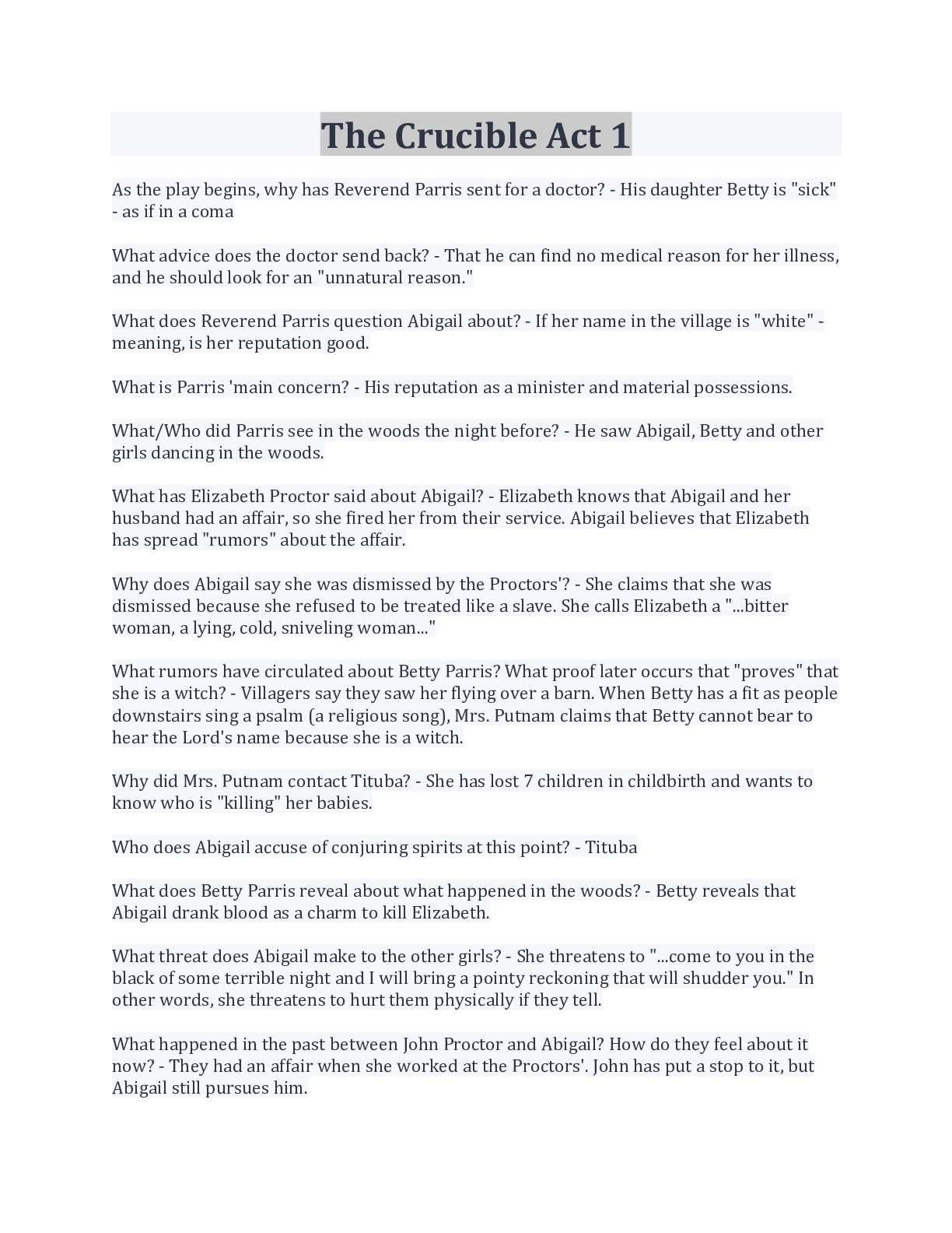 Questions And Answers The Crucible Act 1 - Scholarfriends