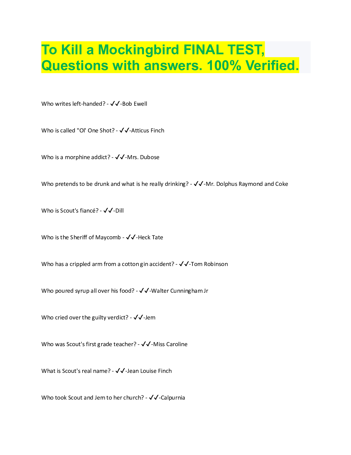 To Kill a Mockingbird FINAL TEST Questions And Answers Latest Update ...