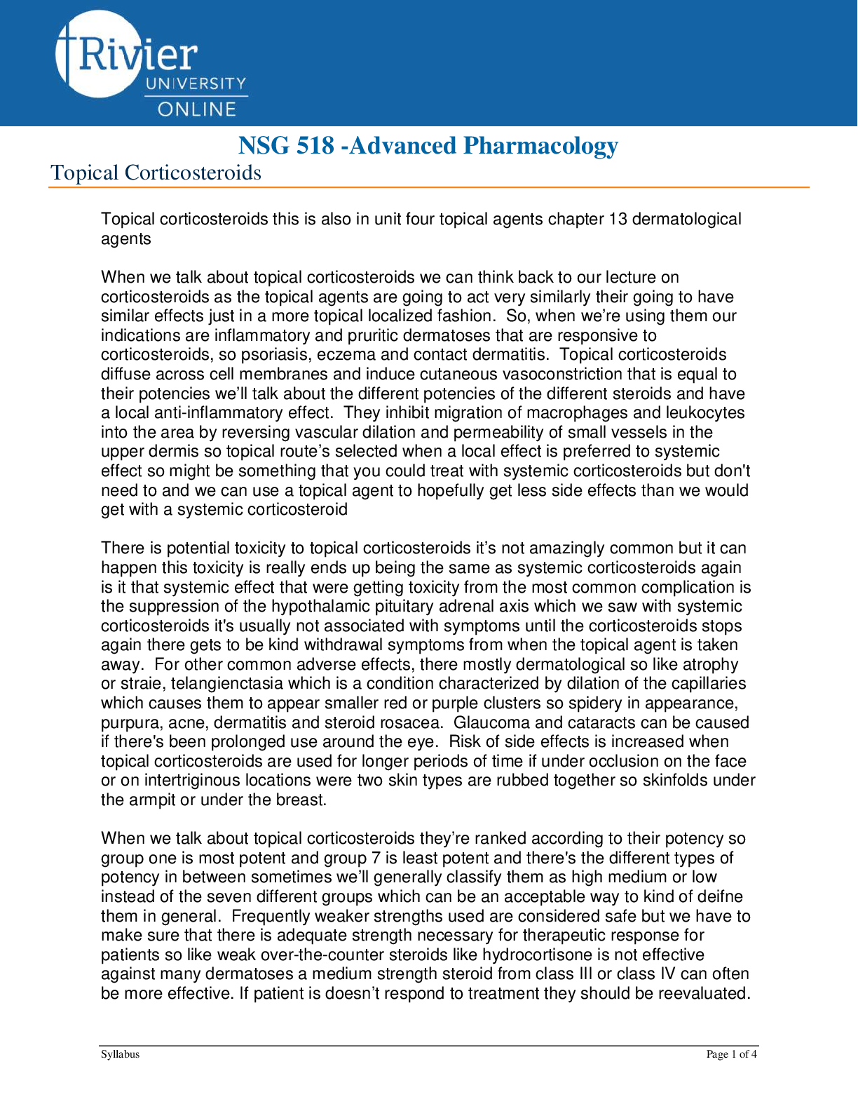 Preview image for Rivier University NSG 518 -Advanced Pharmacology Topical Corticosteroids Transcript