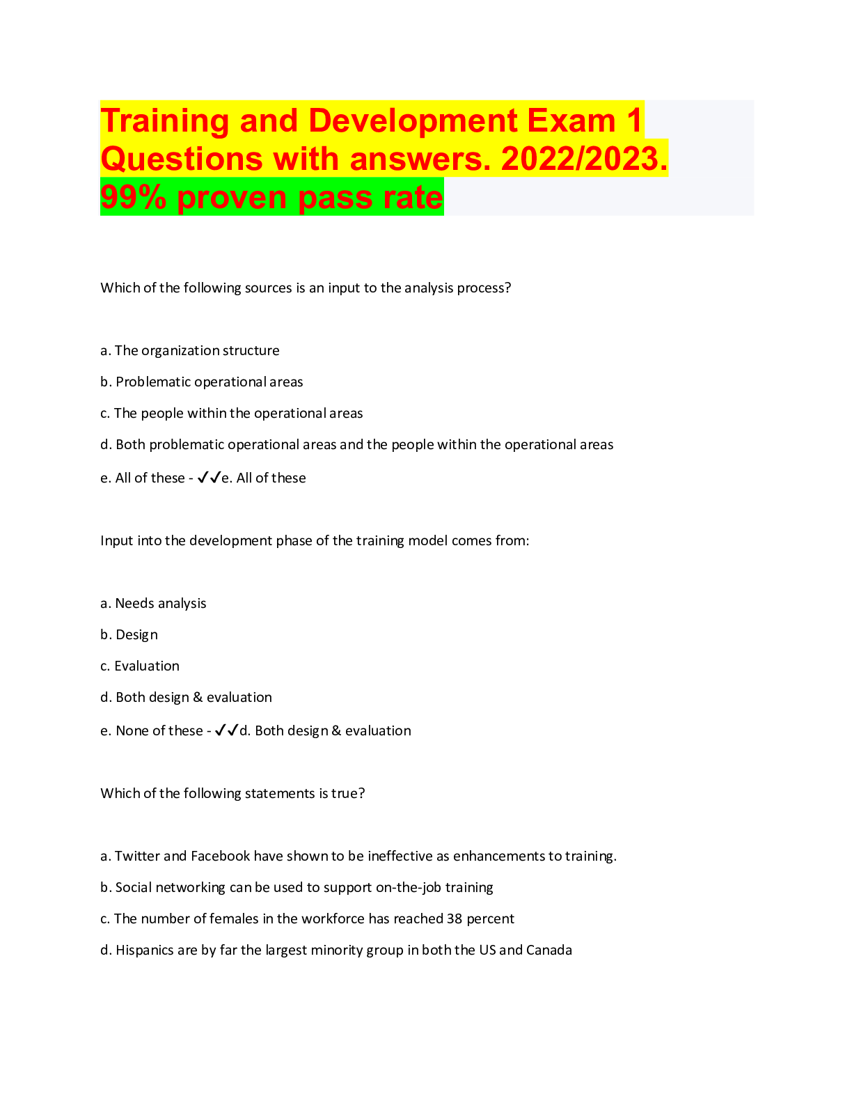 Training and Development Exam 1 Questions with answers. 2022/2023. 99% ...