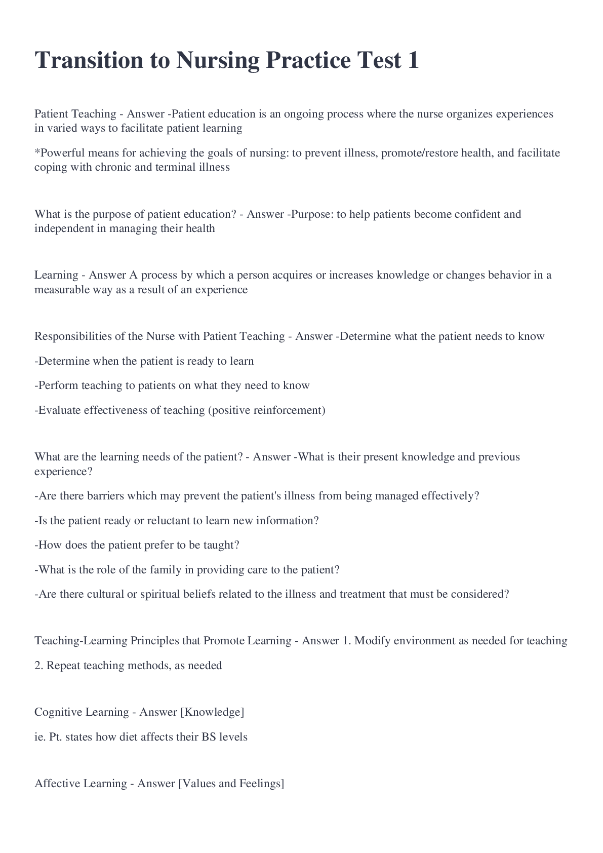 Transition to Nursing Practice Test 1 – Scholarfriends - Scholarfriends