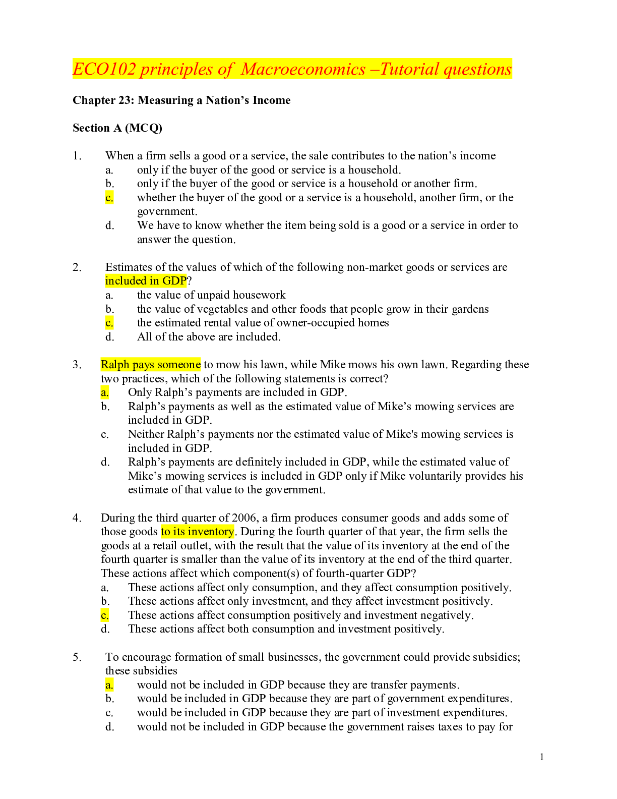 Preview image of ECO102 principles of  Macroeconomics –Tutorial questions,100% CORRECT document
