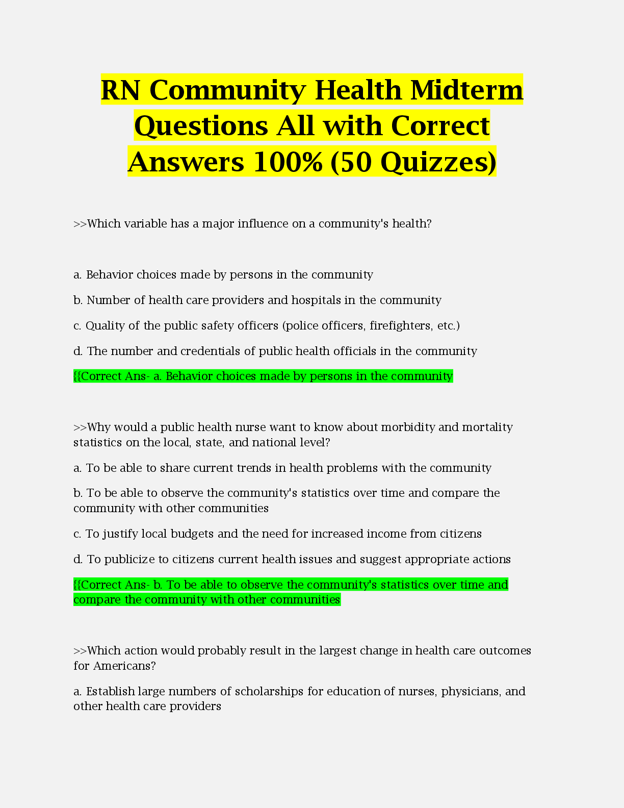 Preview of RN Community Health Midterm Questions All with Correct Answers 100% 50 Q&A