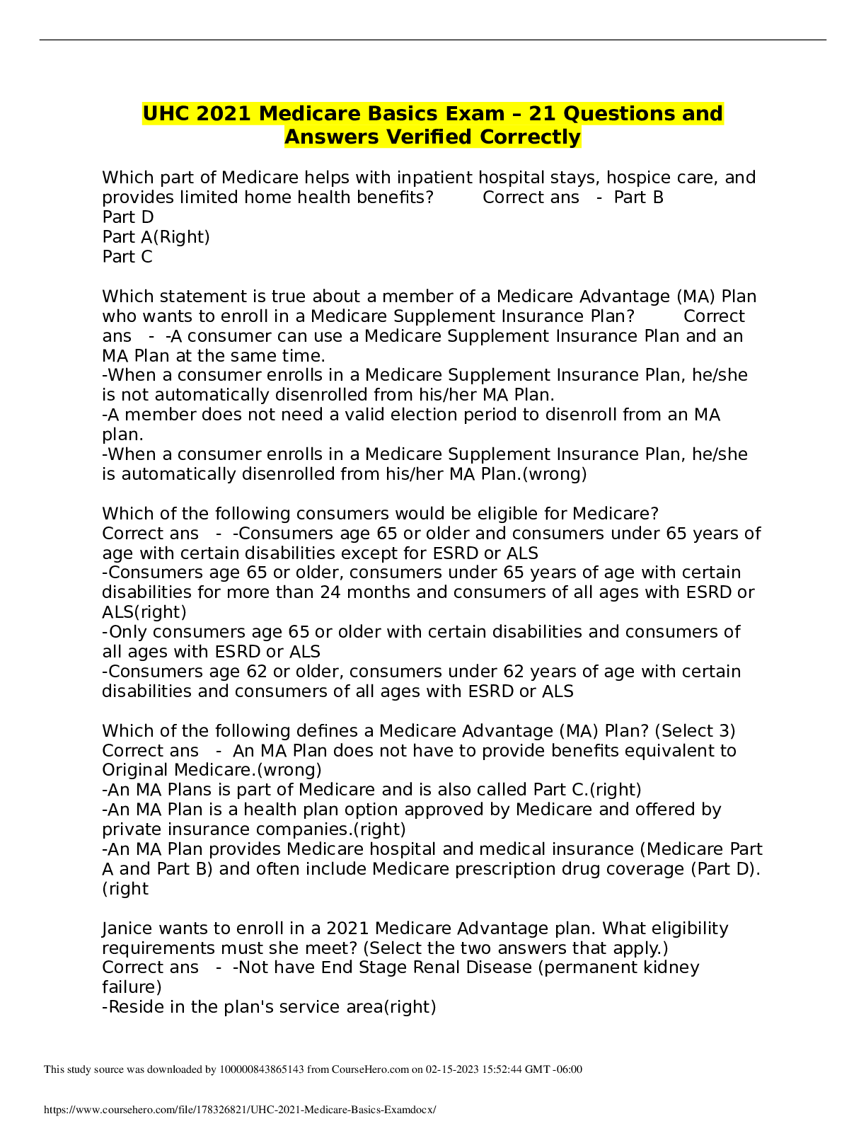 Preview of UHC MEDICARE BASICS TEST EXAM (100 REAL EXAM QUESTIONS AND CORRECT ANSWERS )  | AGRADE