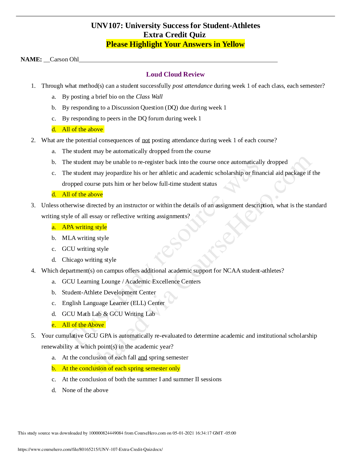 Preview image for UNIV 104 University Success for Student-Athletes Extra Credit Quiz