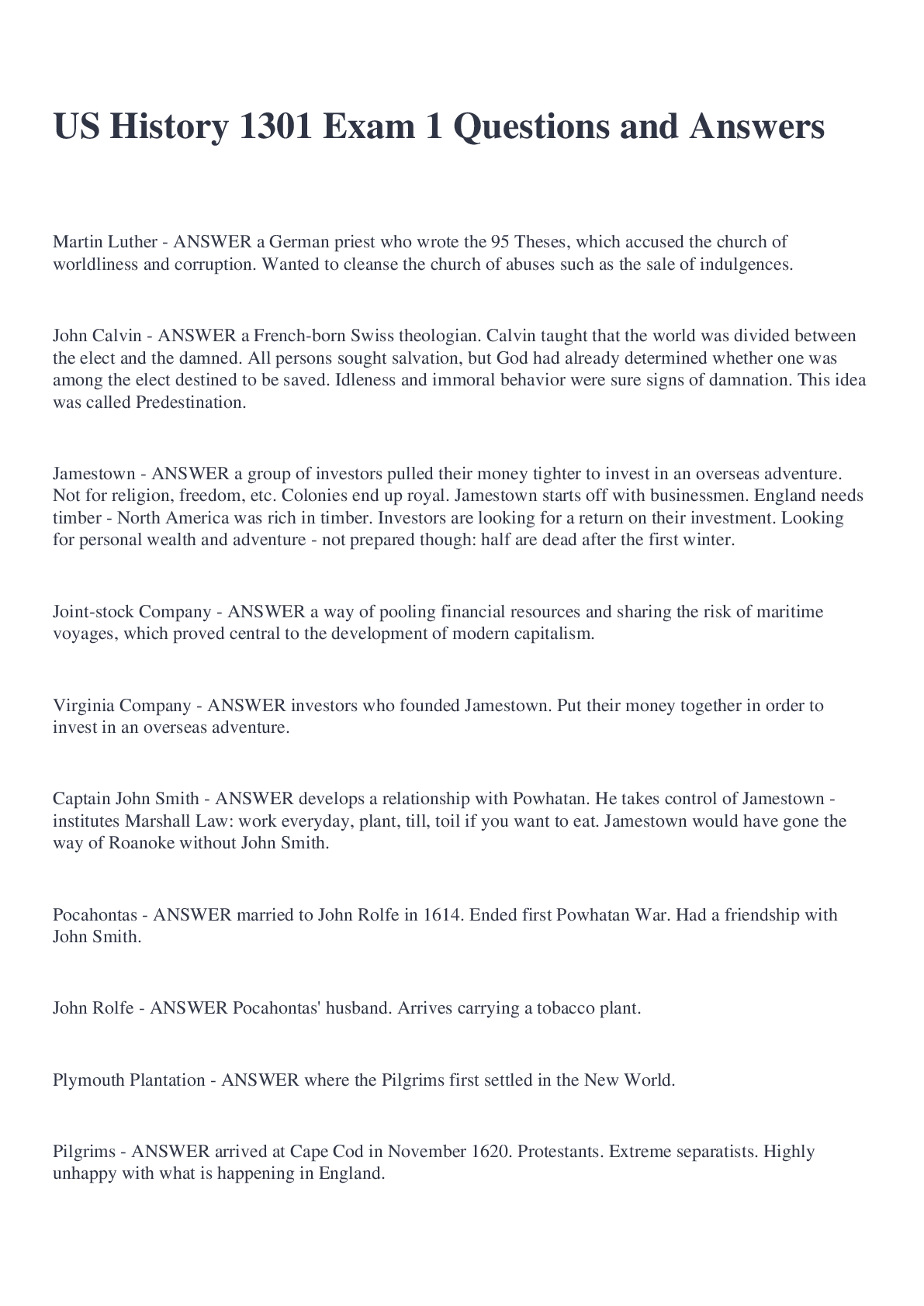 US History 1301 Exam 1 Questions and Answers – Scholarfriends ...