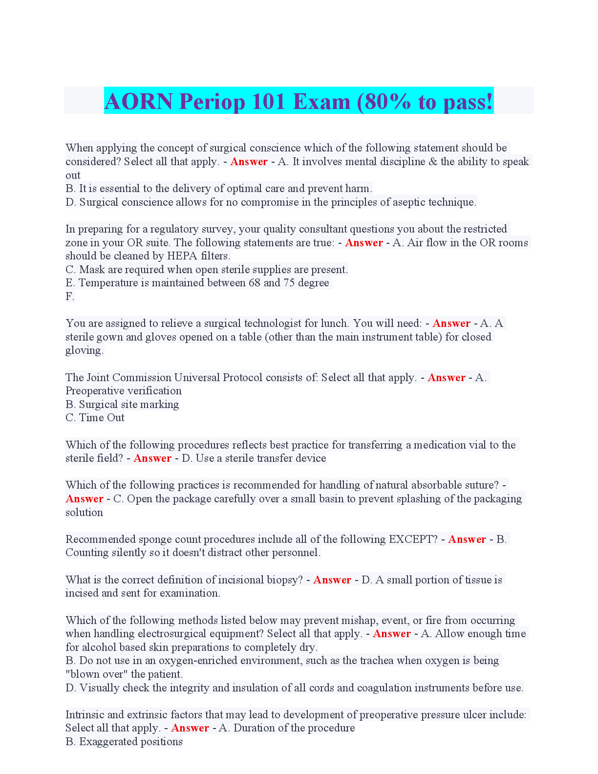 Recommended document preview for AORN Periop 101 Exam | Contains 215 Questions and Answers