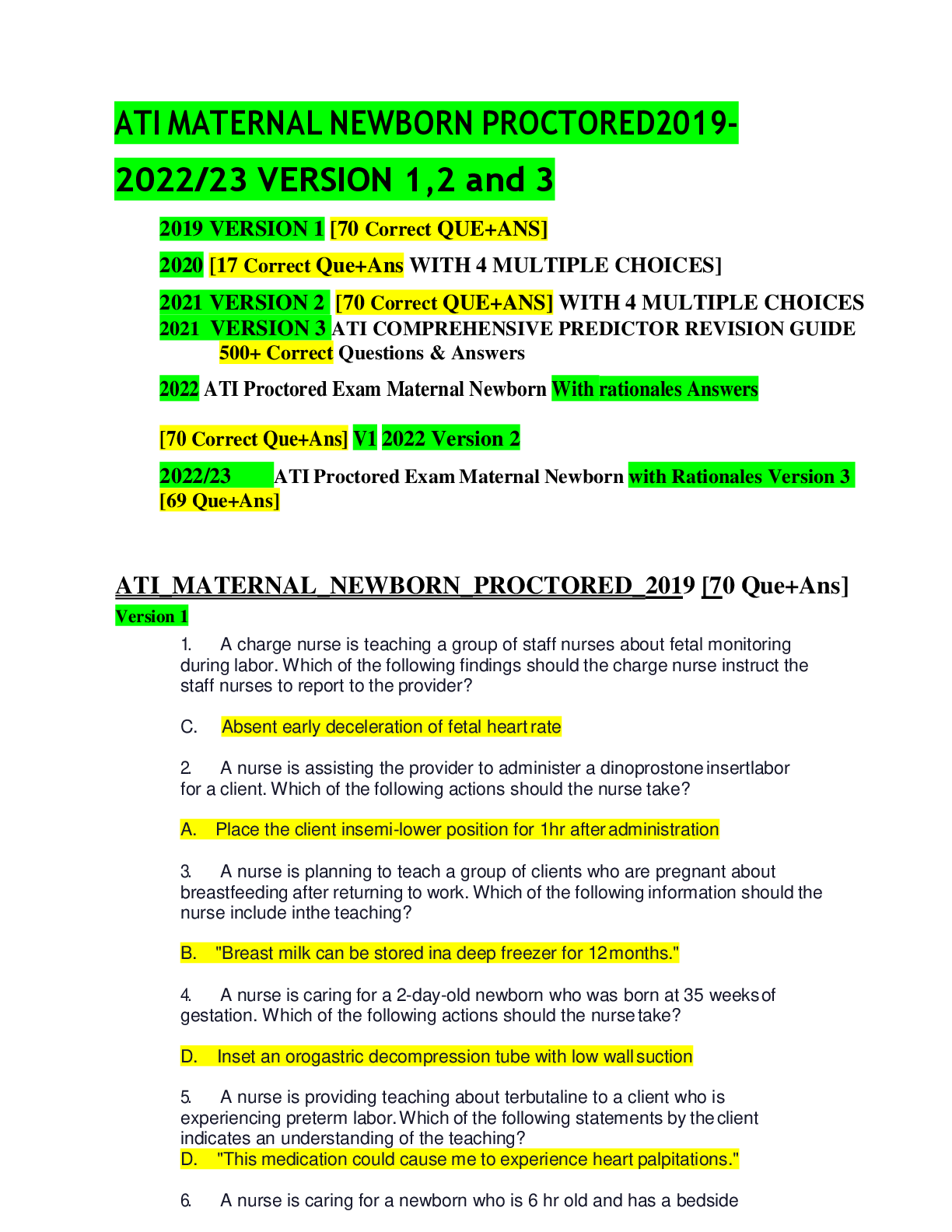 Recommended document preview for ATI MATERNAL NEWBORN PROCTORED EXAM WITH  RATIONALES  Version 1, 2 & 3