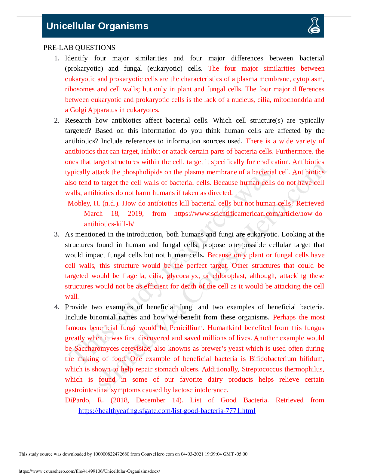 Preview image for BIOLOGY 111Unicellular Organisims(answers in red)