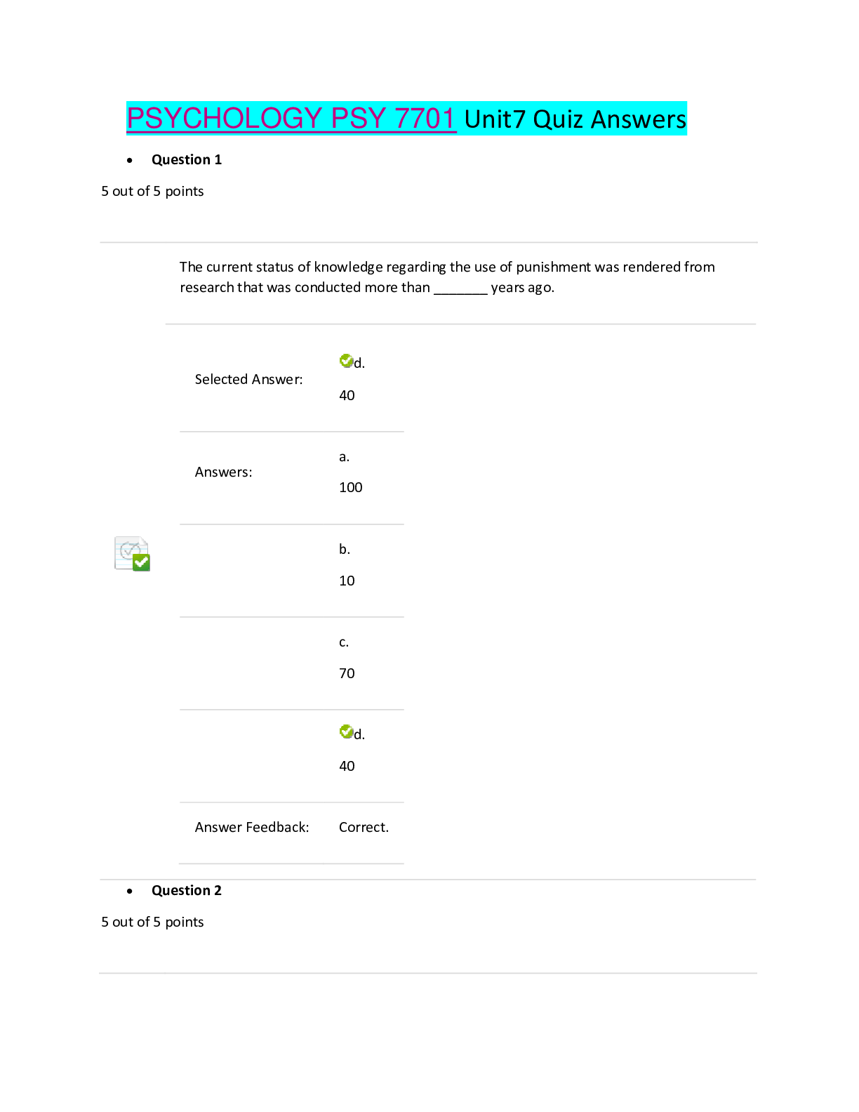 Preview image for PSYCHOLOGY PSY7701 Unit7 Quiz Answers