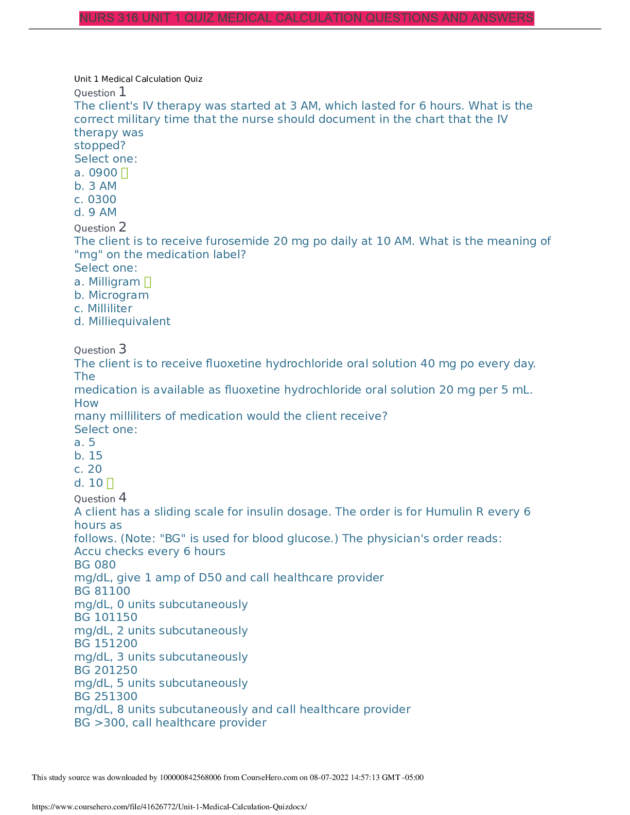 Preview of NURS 316 UNIT 1 QUIZ MEDICAL CALCULATION QUESTIONS AND ANSWERS
