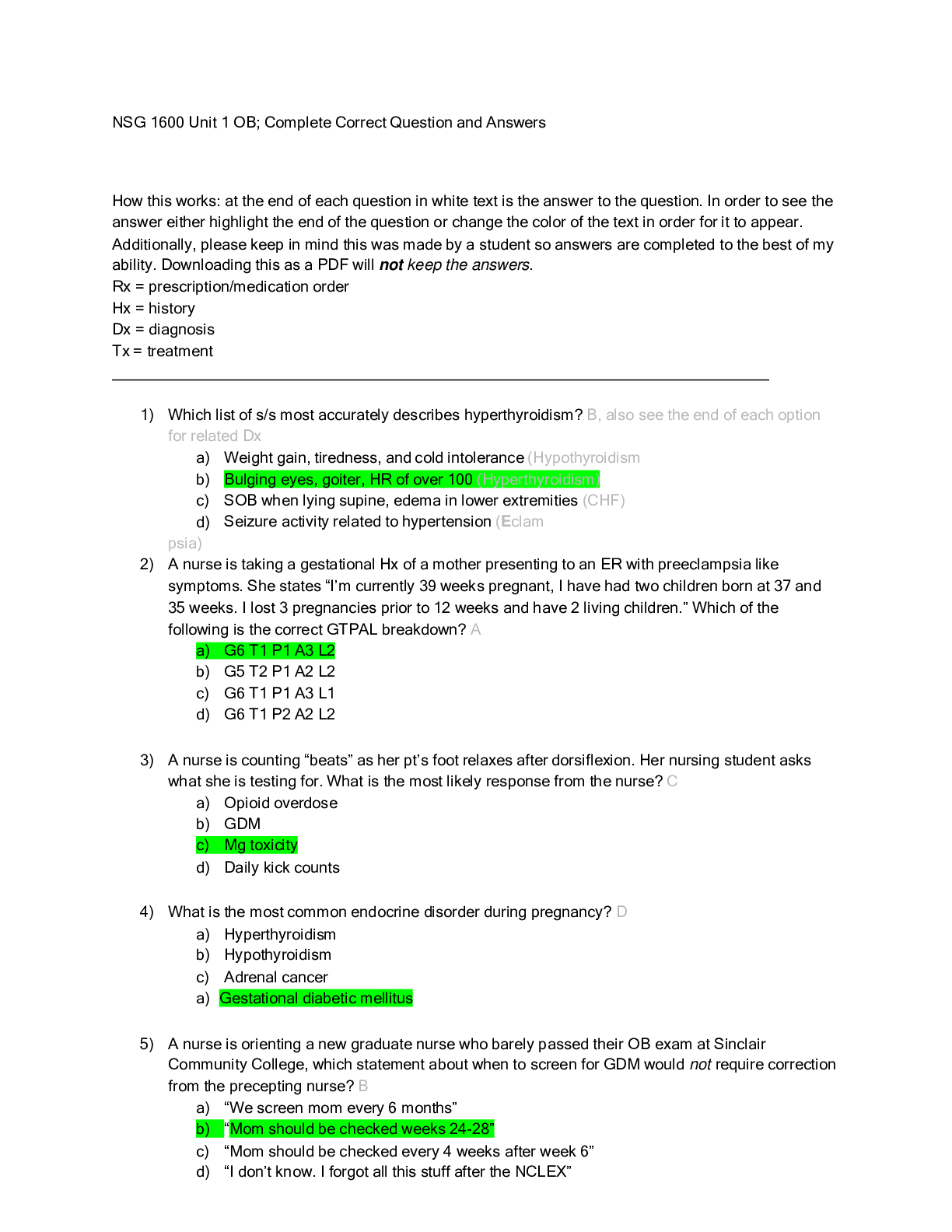 Preview of NSG 1600 Unit 1 OB; Complete Correct Question and Answers/ 100% Verified/ Spring 2023.