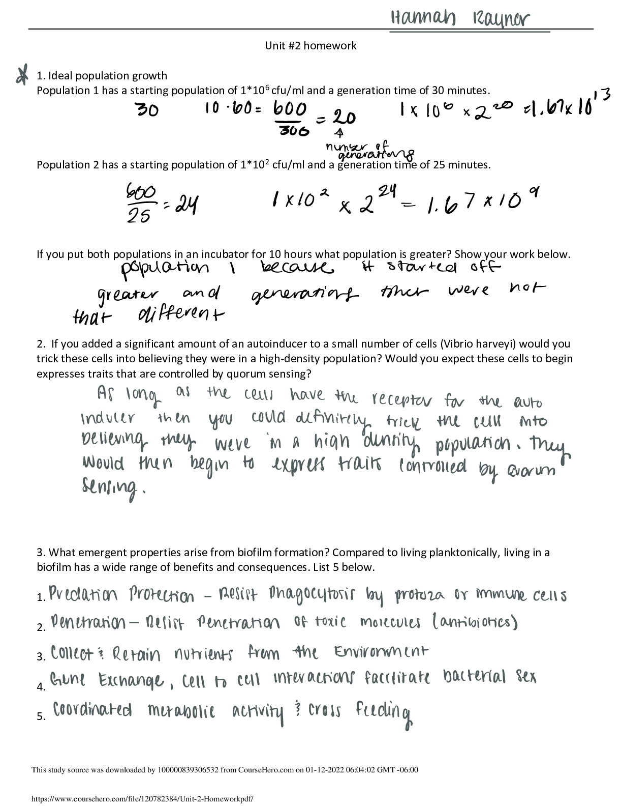 Preview image of Biology Unit #2 homework document