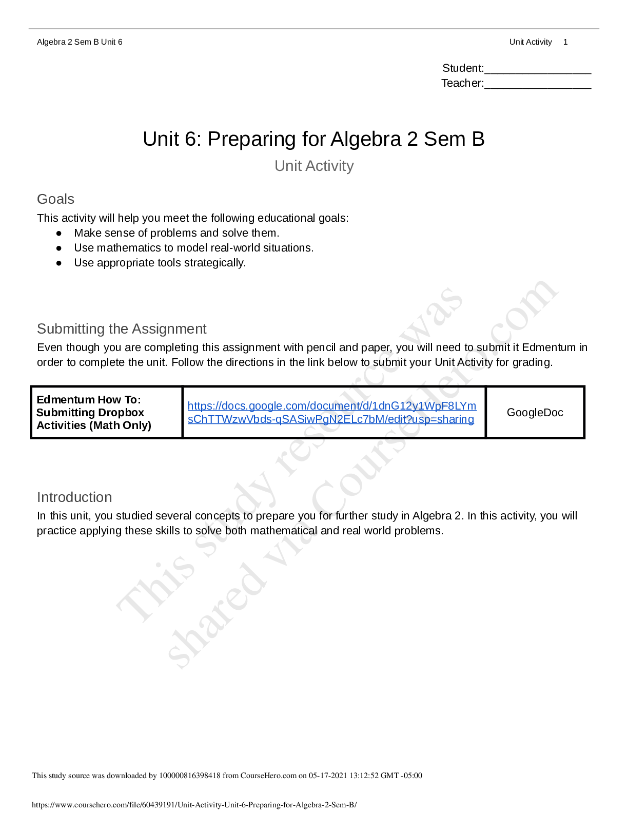 Preview image for Calabasas High SchoolMATH MISCUnit_Activity_-_Unit_6_Preparing_for_Algebra_2_Sem_B