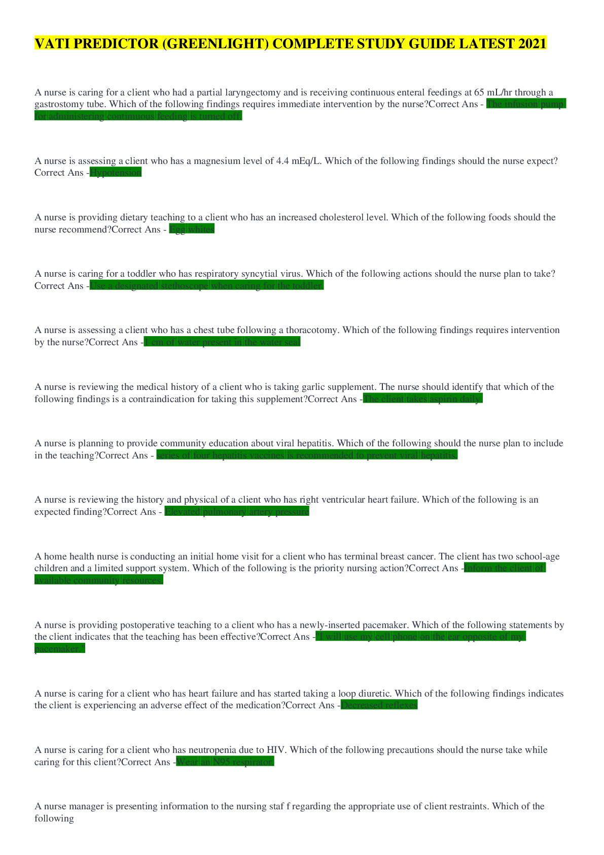 VATI PREDICTOR (GREENLIGHT) COMPLETE STUDY GUIDE LATEST 2021 ...