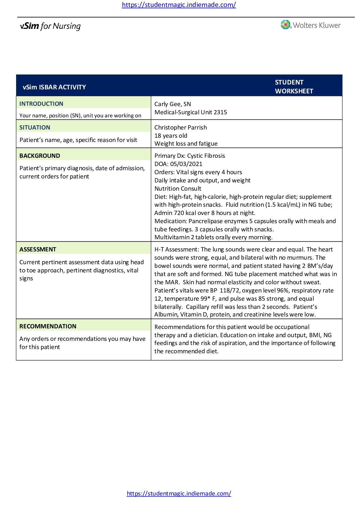 vSIM FOR NURSING FUNDAMENTALS-Christopher Parrish ISBAR | ScholarFriends