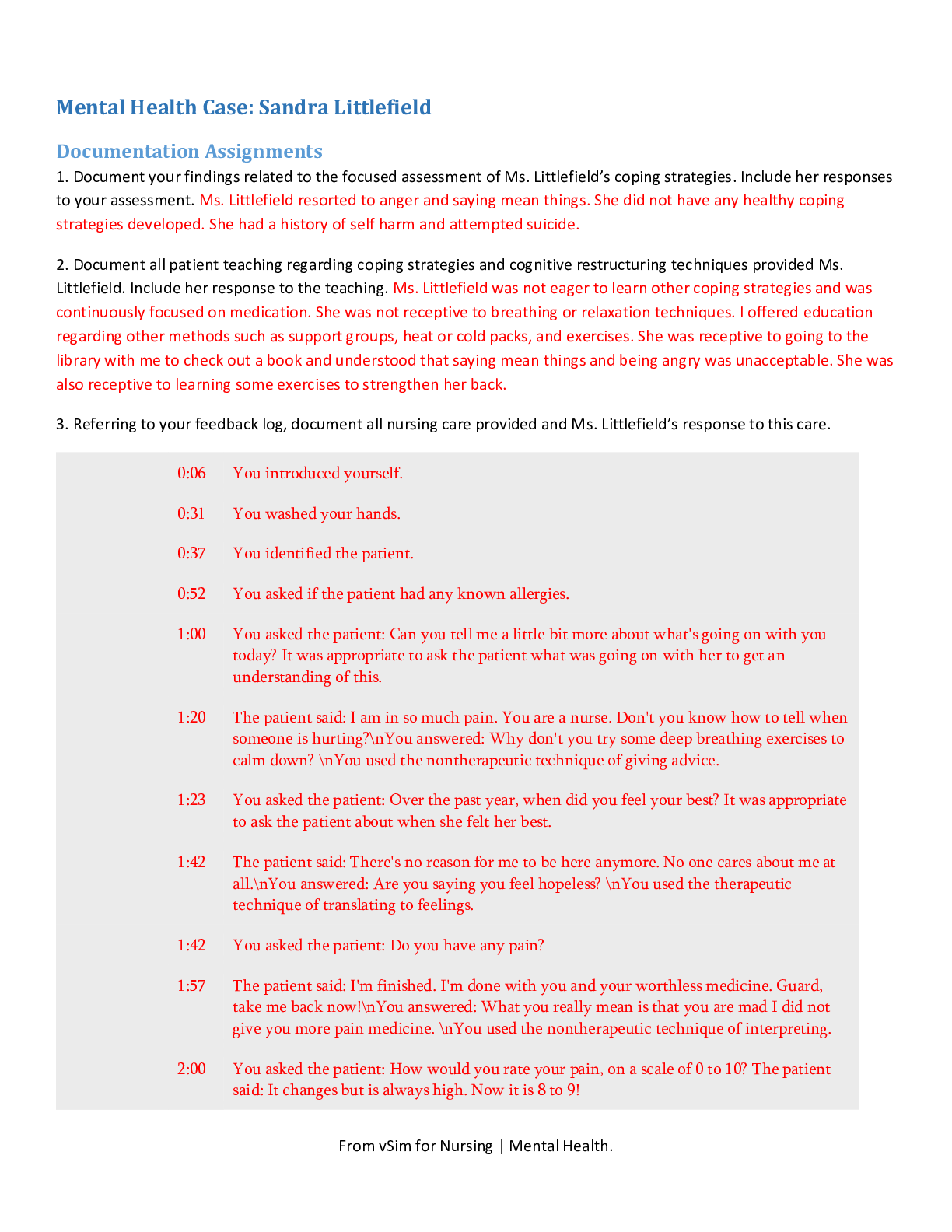 Preview image for VSIM Sandra Littlefield / Mental Health Case: Sandra Littlefield (answered) spring 2021