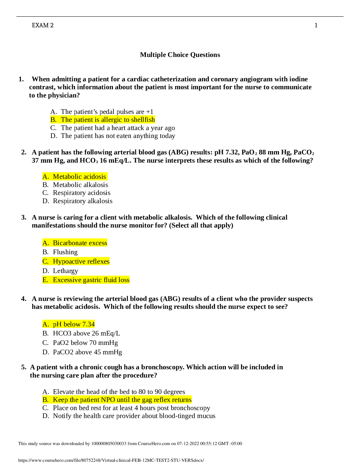Preview of NURS 111 Virtual clinical FEB 12MC TEST2 2022 100% Correct