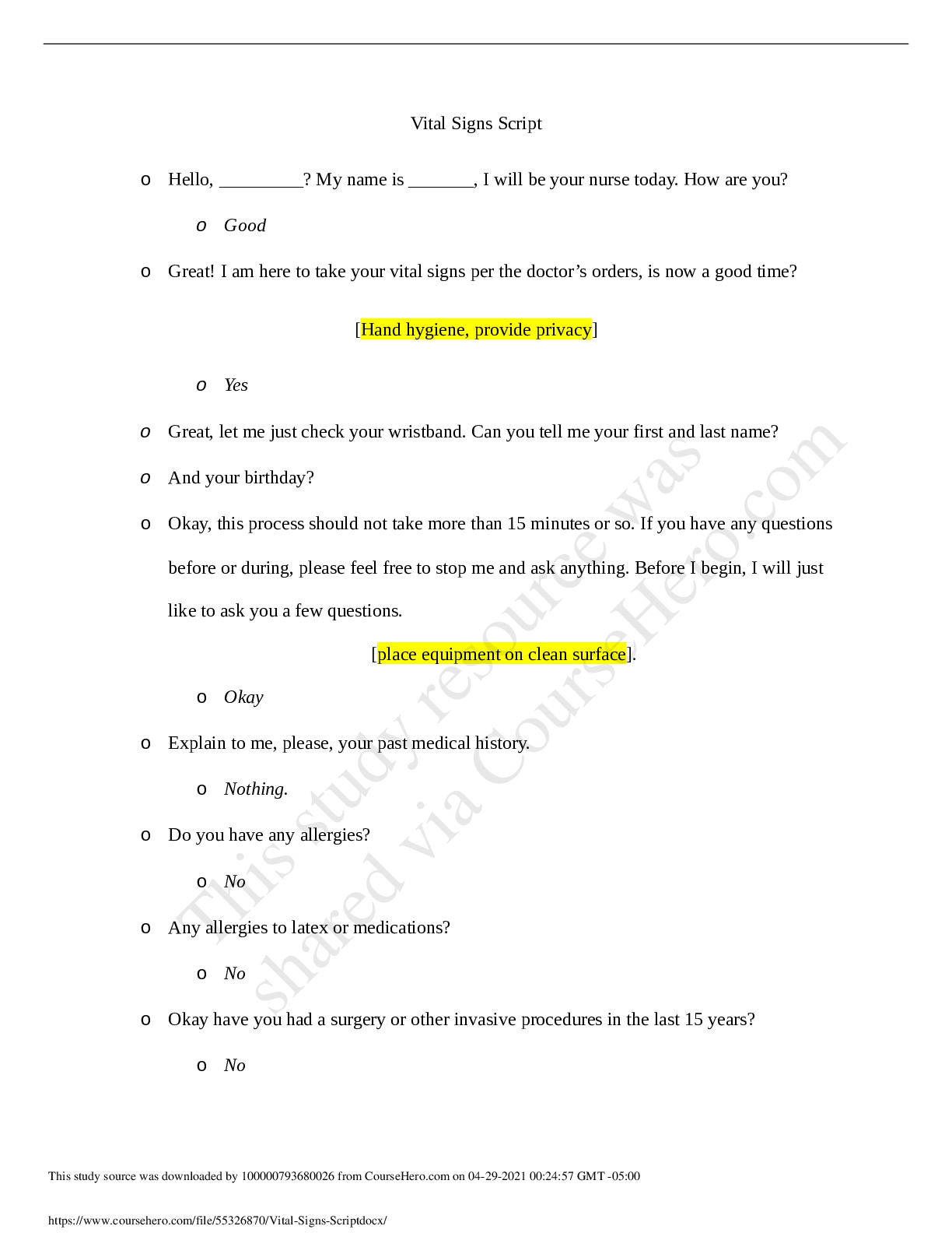 Preview image for Chamberlain College of NursingFUNDS NR224Vital Signs Script COMPILED AND REVISED BY EXPERTS