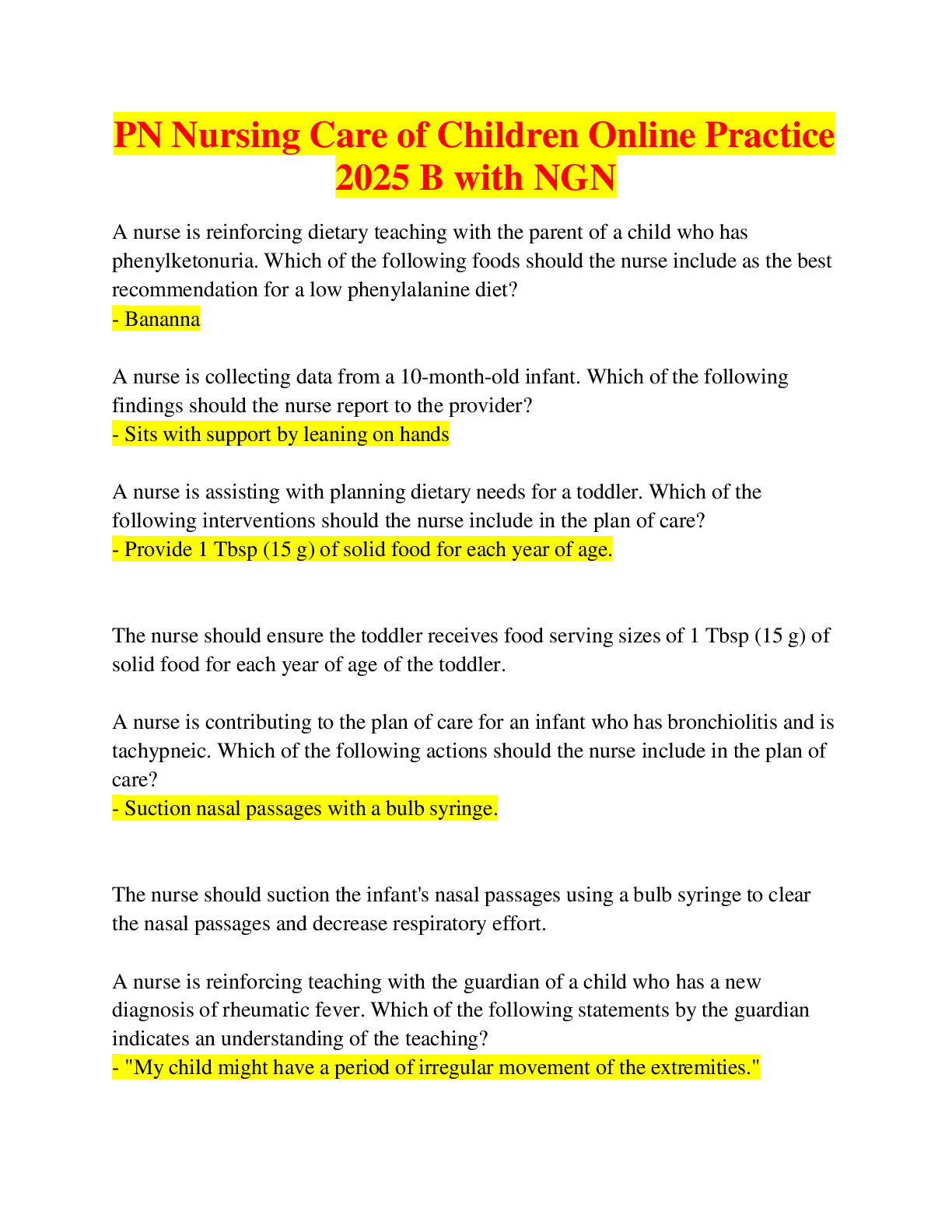 Preview image for PN Nursing Care of Children Online Practice 2025 B with NGN, Answered