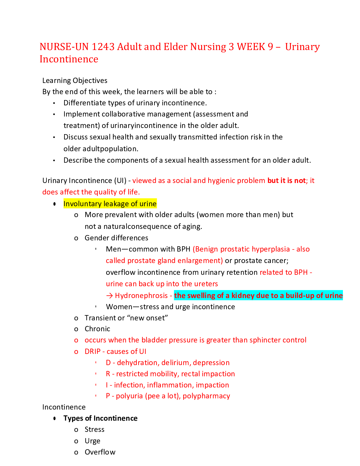 Preview image for NURSE-UN 1243 Adult and Elder Nursing 3 WEEK 9 – Urinary Incontinence,100% CORRECT