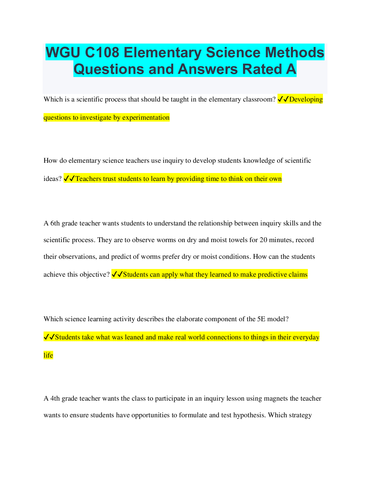 WGU C108 Elementary Science Methods Questions and Answers Rated A ...
