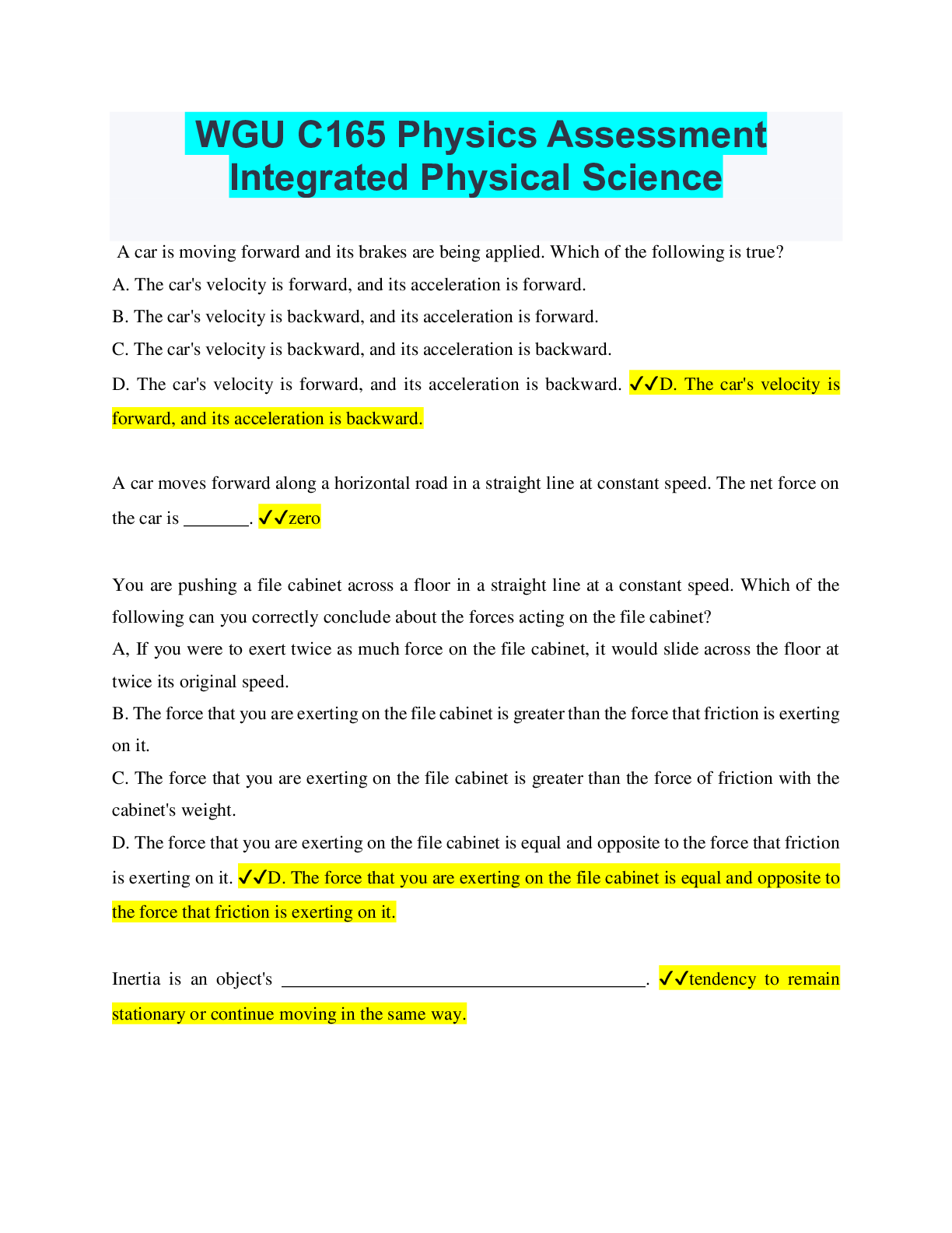 WGU C165 Physics Assessment Integrated Physical Science ...