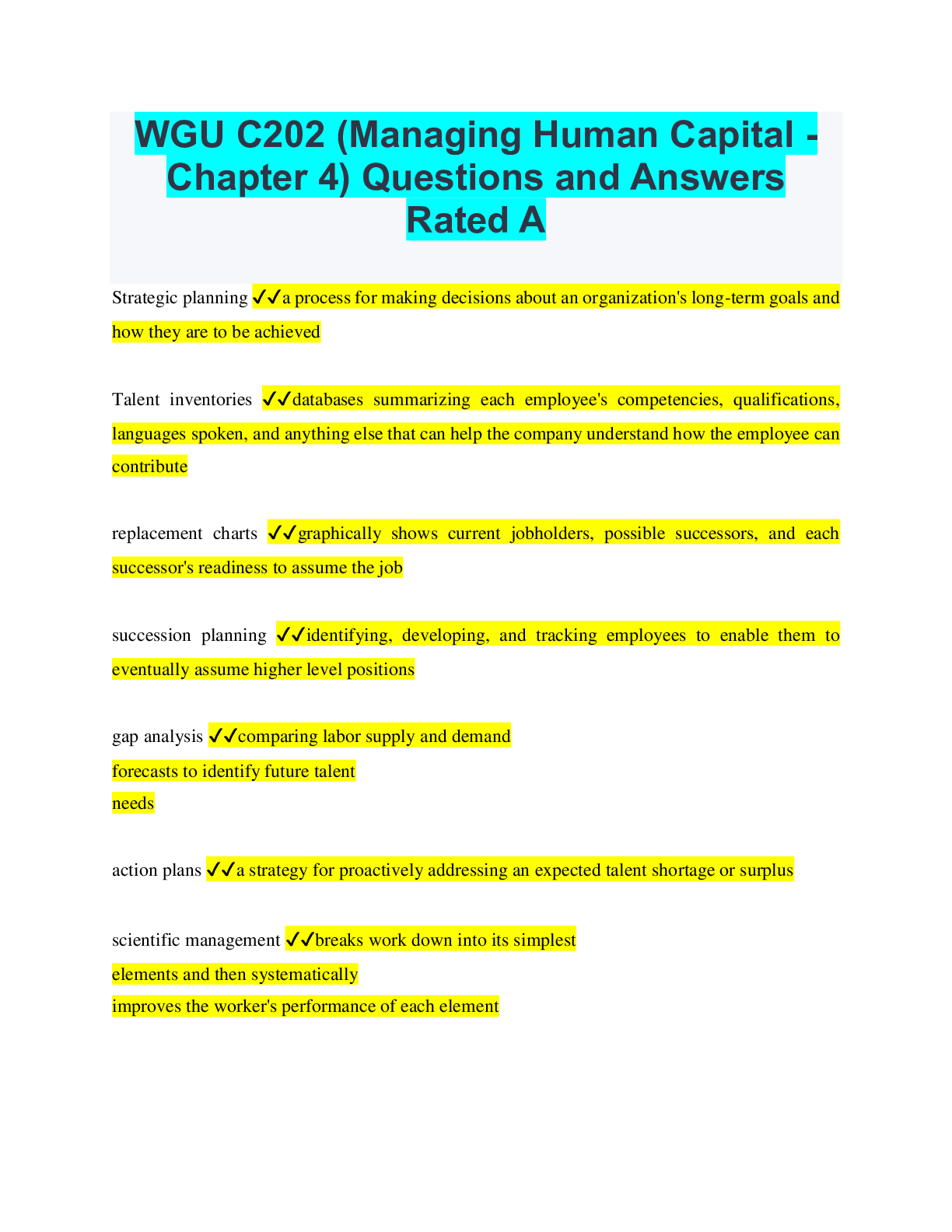 WGU C202 (Managing Human Capital - Chapter 4) Questions and Answers ...