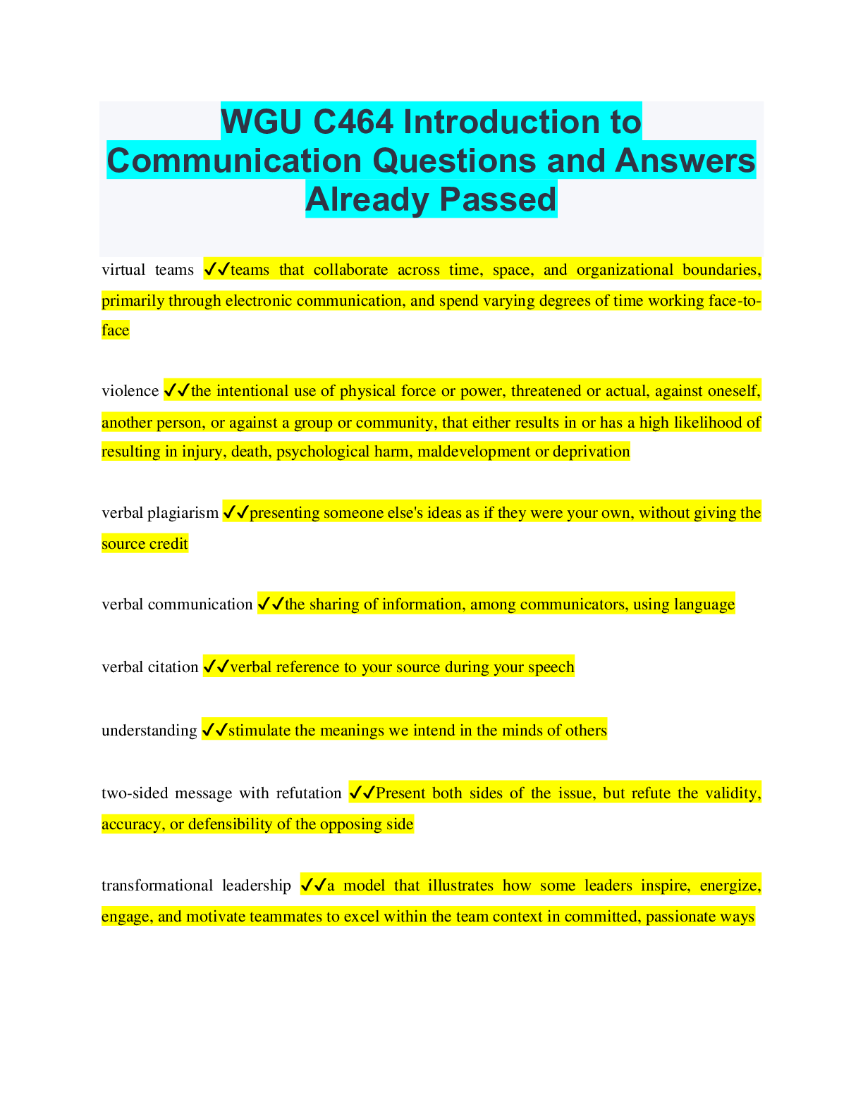 WGU C464 Introduction to Communication Questions and Answers Already ...