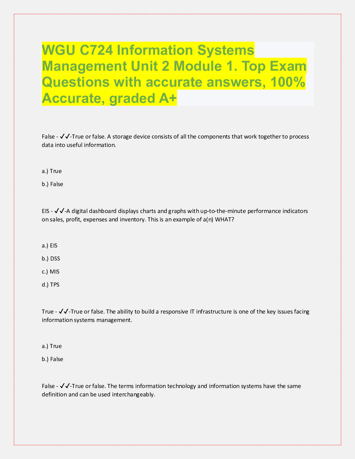 WGU C724 Information Systems Management Unit 2 Module 1 | ScholarFriends